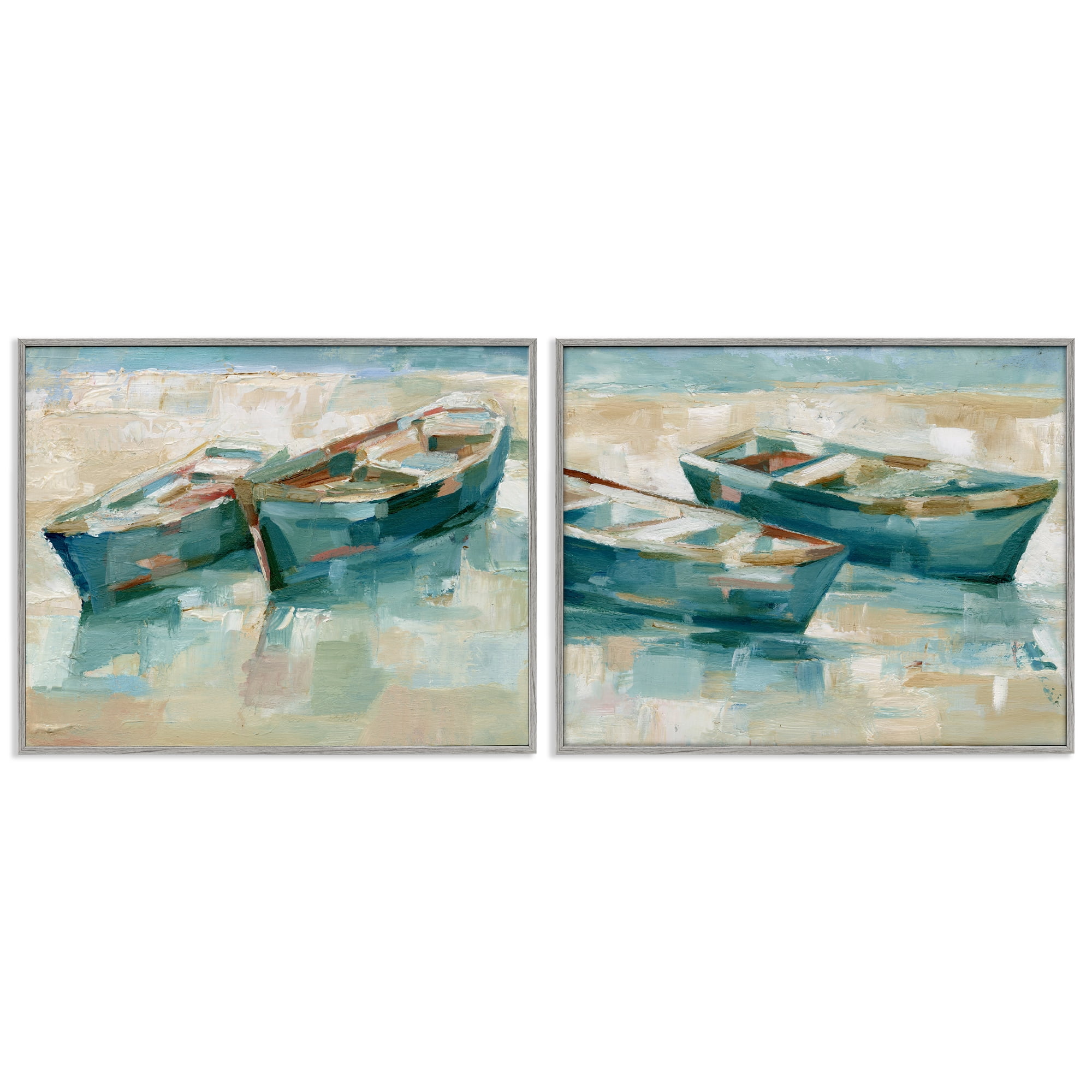 Stupell Industries Rowboat Pairs Washed Ashore Transportation Painting Gray Framed Art Print Wall Art, 30 x 24, Set of 2