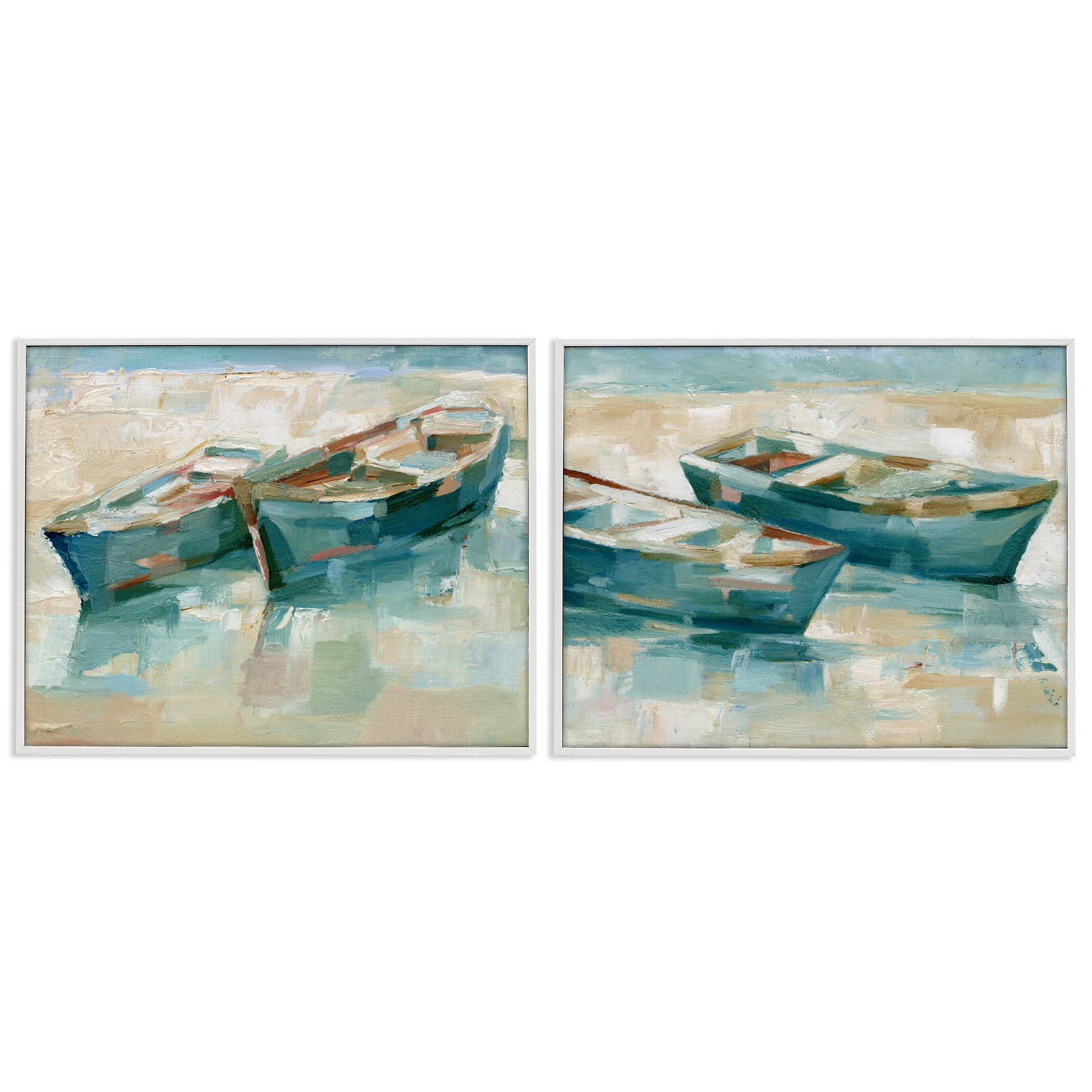 Stupell Industries Rowboat Pairs Washed Ashore Transportation Painting White Framed Art Print Wall Art, 30 x 24, Set of 2
