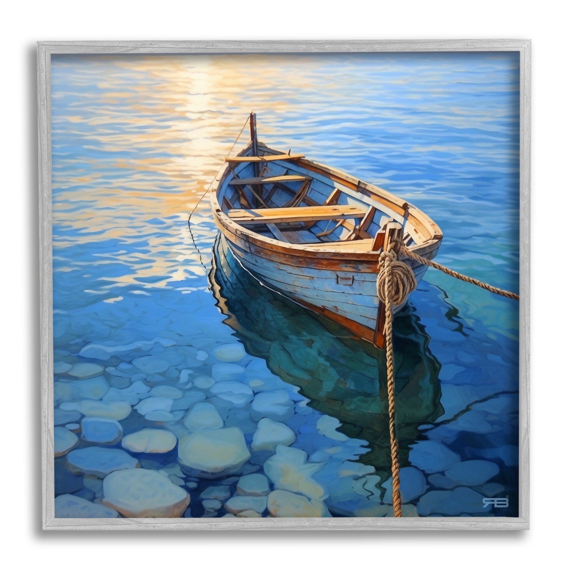 Stupell Industries Rowboat & Pebbled Shore Transportation Painting Gray Framed Art Print Wall Art, 24 x 24