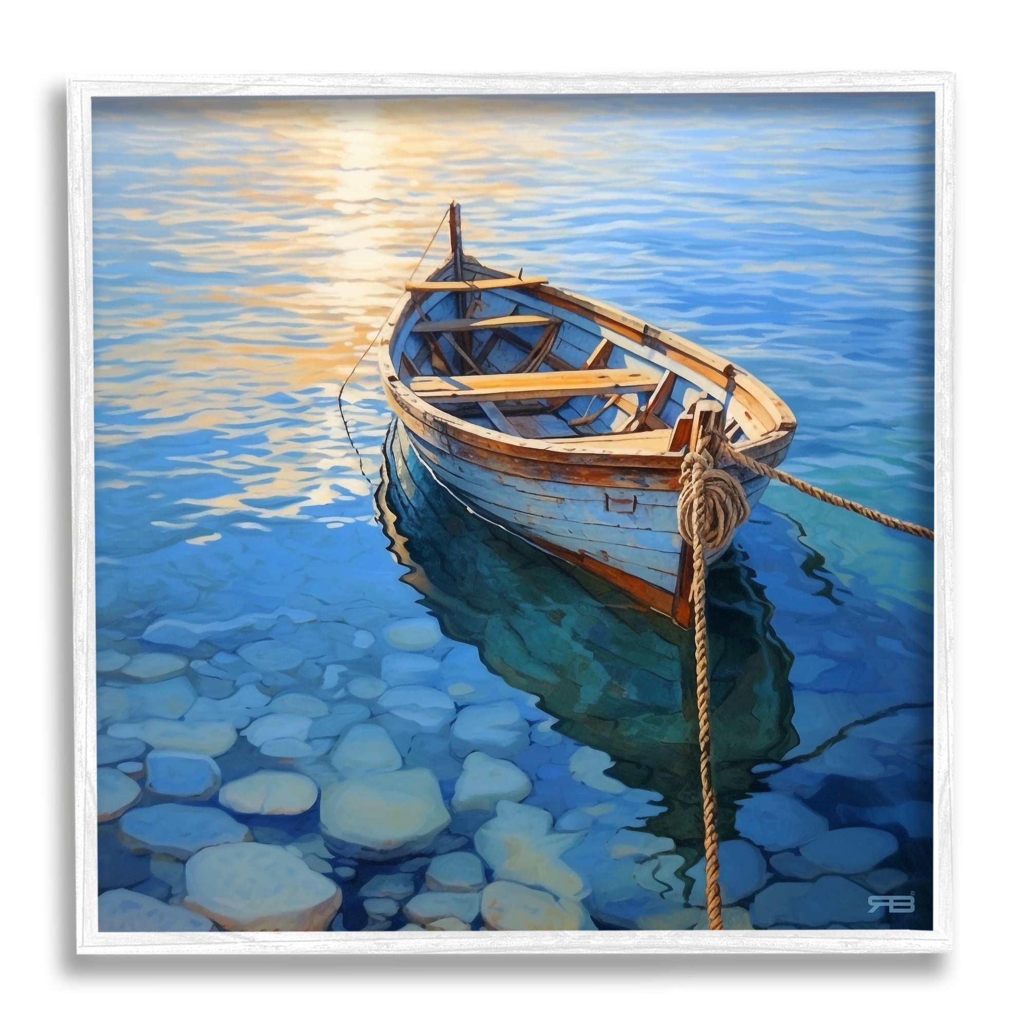 Stupell Industries Rowboat & Pebbled Shore Transportation Painting White Framed Art Print Wall Art, 17 x 17
