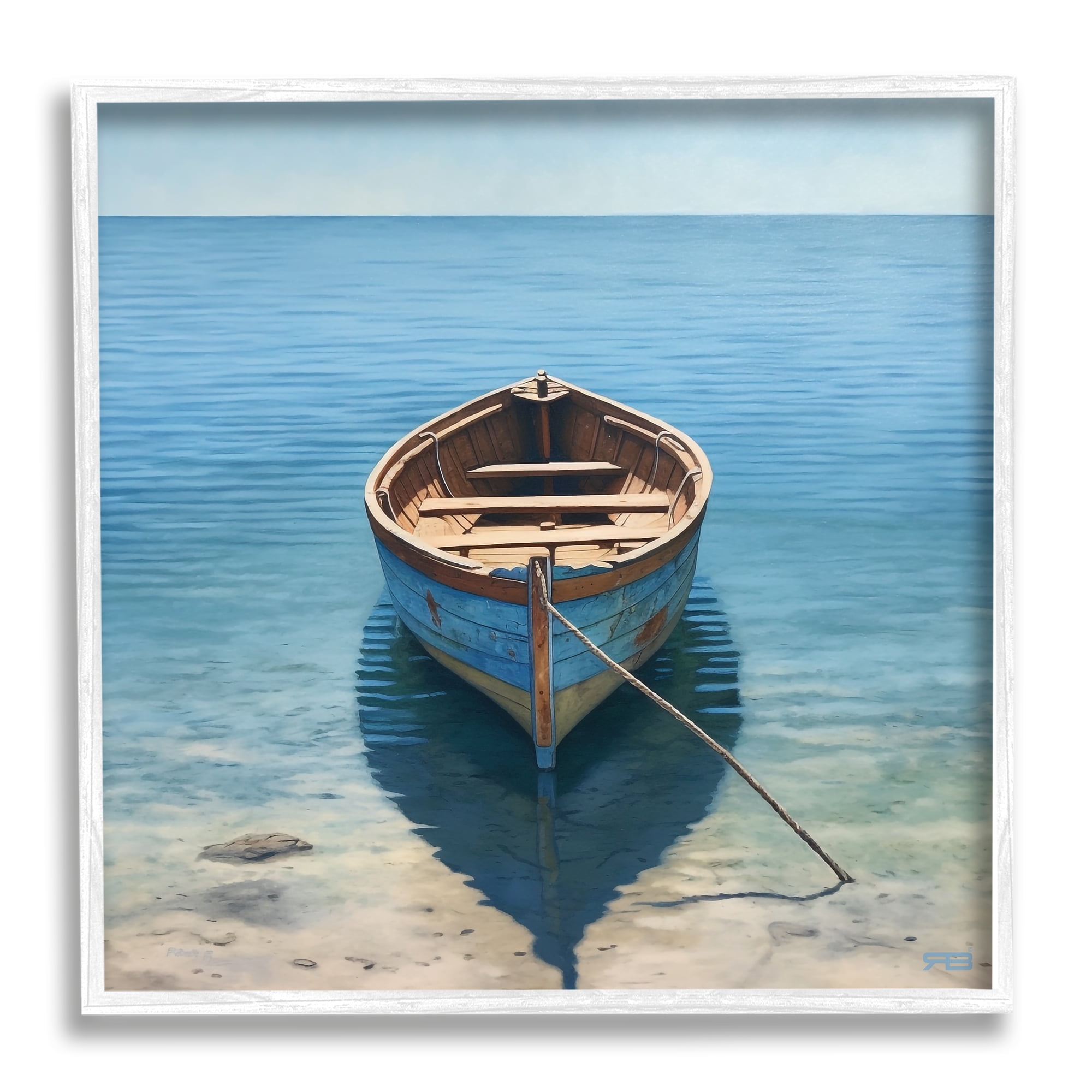 Stupell Industries Rowboat on Calm Shore Transportation Painting White Framed Art Print Wall Art, 12 x 12