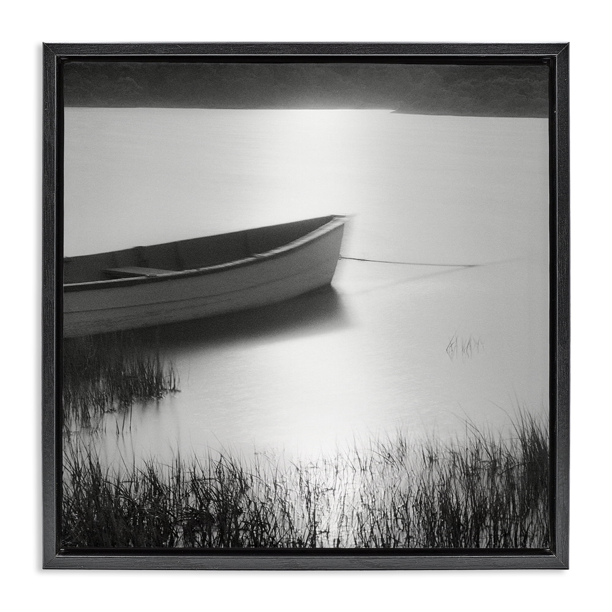 Stupell Industries Rowboat on Peaceful Shore Landscape & Nature Photography Black Floater Framed Canvas Art Print Wall Art, 25 x 25