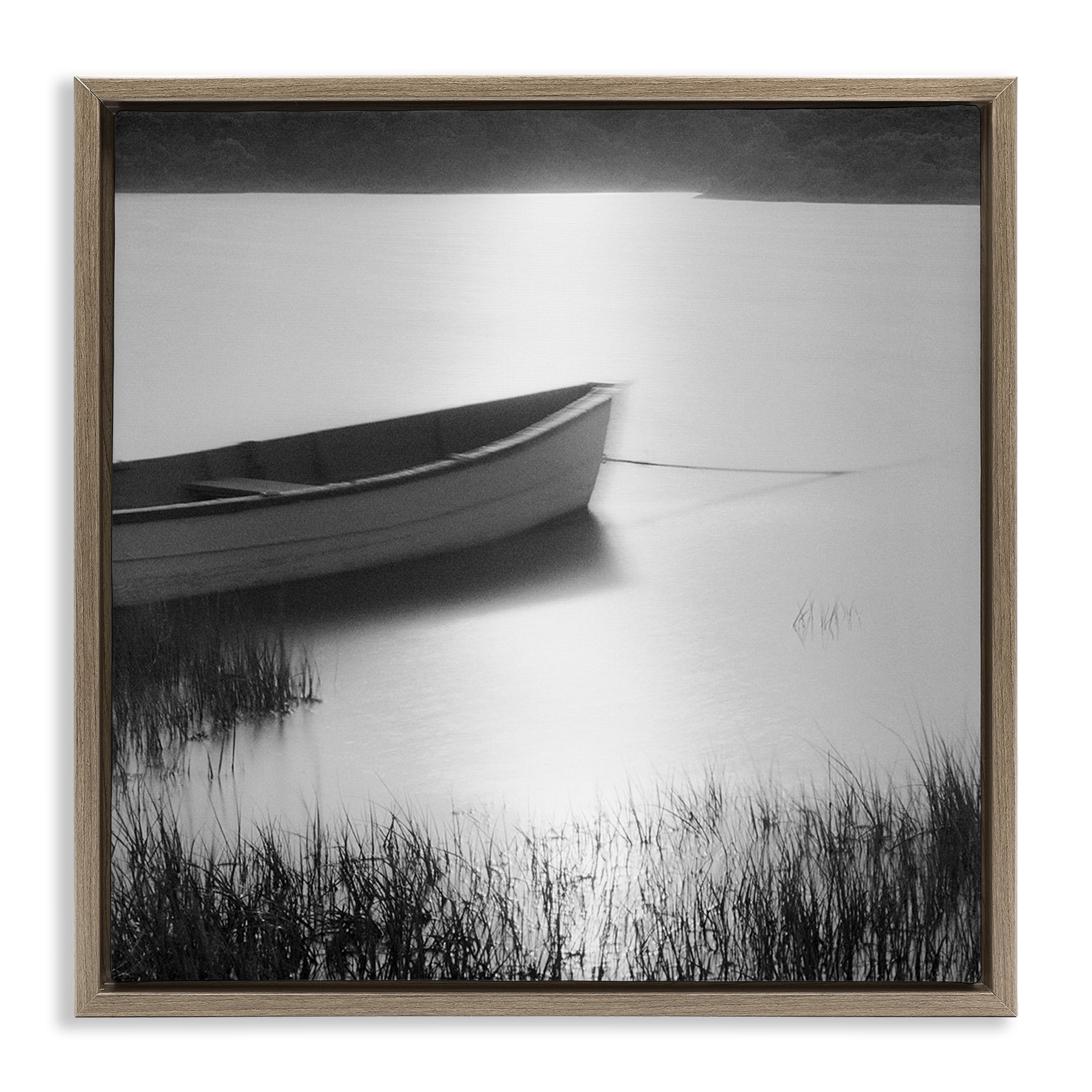 Stupell Industries Rowboat on Peaceful Shore Landscape & Nature Photography Brown Floater Framed Canvas Art Print Wall Art, 18 x 18