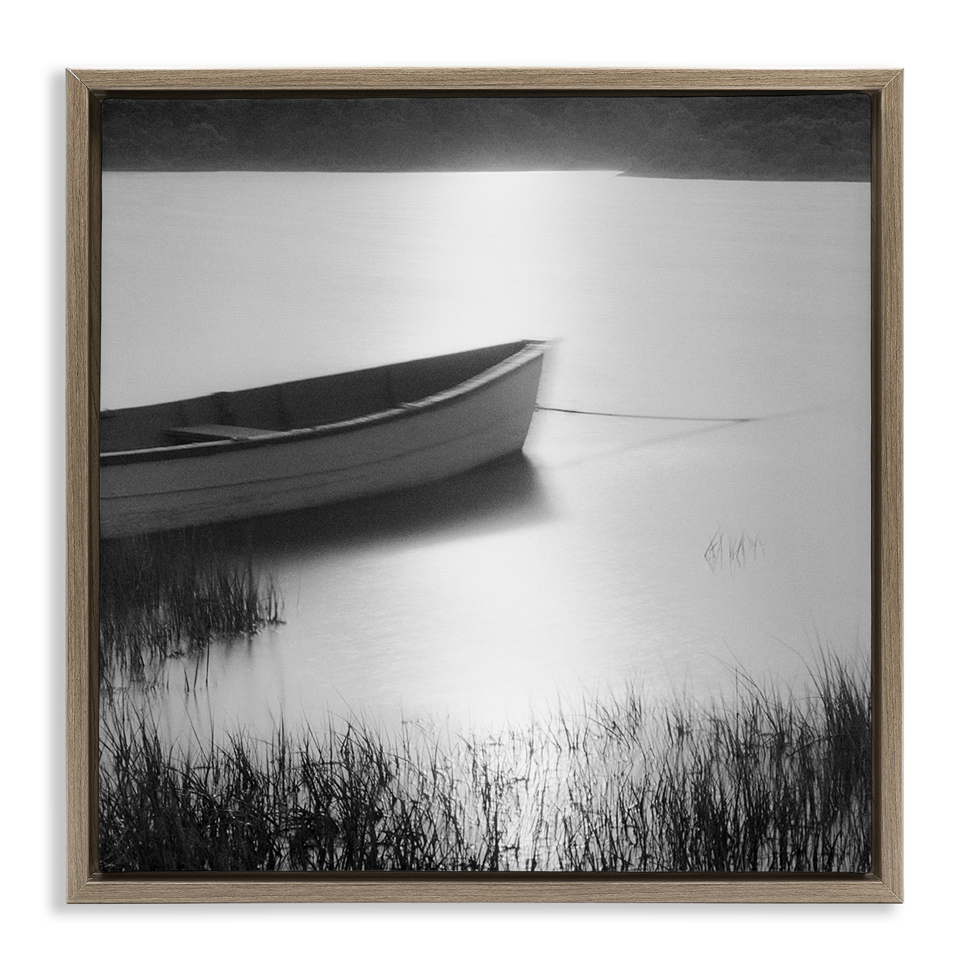 Stupell Industries Rowboat on Peaceful Shore Landscape & Nature Photography Brown Floater Framed Canvas Art Print Wall Art, 25 x 25