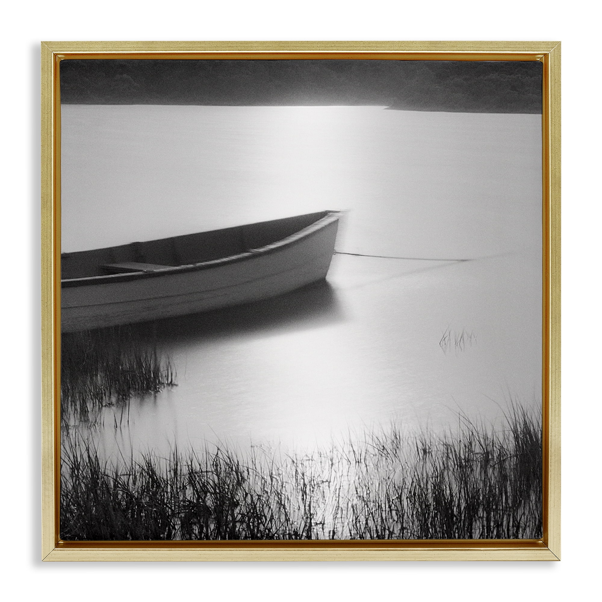Stupell Industries Rowboat on Peaceful Shore Landscape & Nature Photography Gold Floater Framed Canvas Art Print Wall Art, 25 x 25