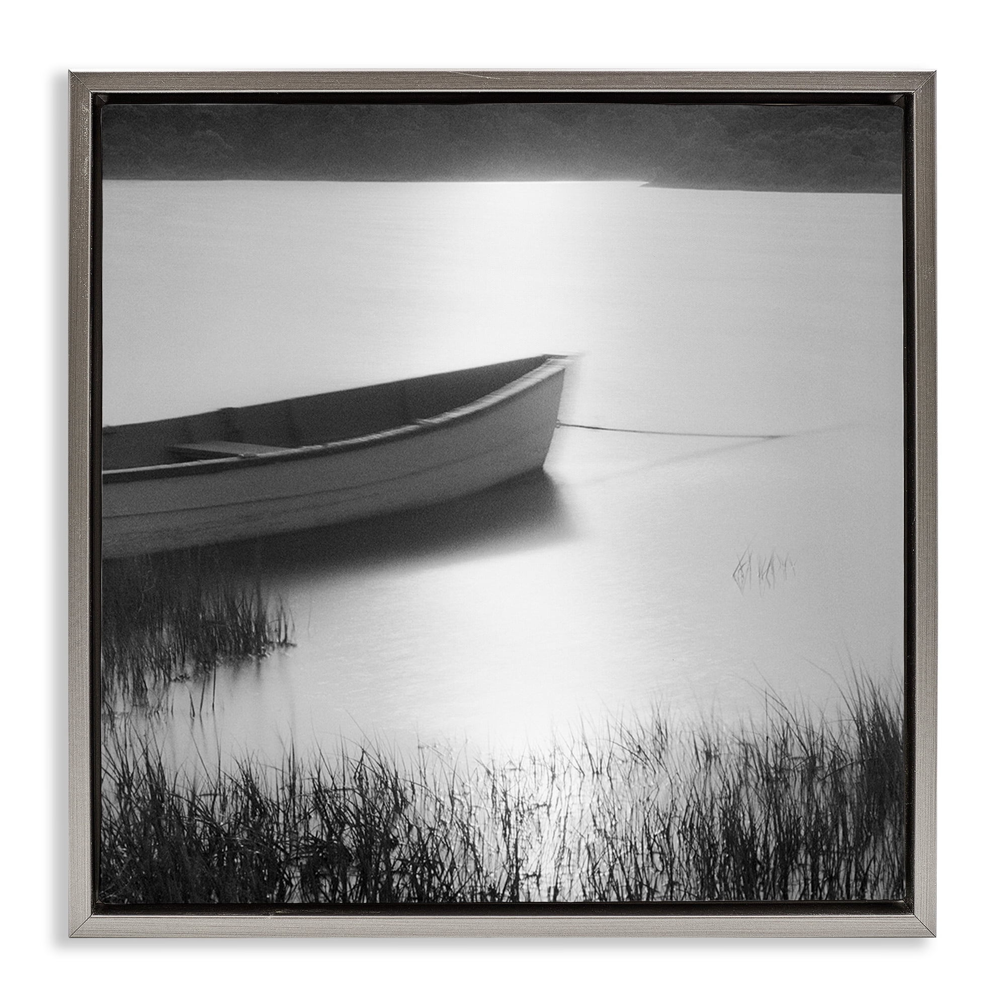 Stupell Industries Rowboat on Peaceful Shore Landscape & Nature Photography Gray Floater Framed Canvas Art Print Wall Art, 25 x 25