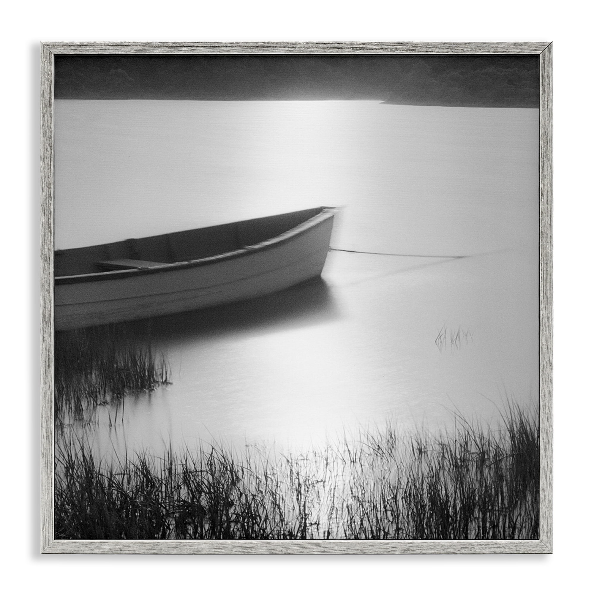 Stupell Industries Rowboat on Peaceful Shore Landscape & Nature Photography Gray Framed Art Print Wall Art, 17 x 17