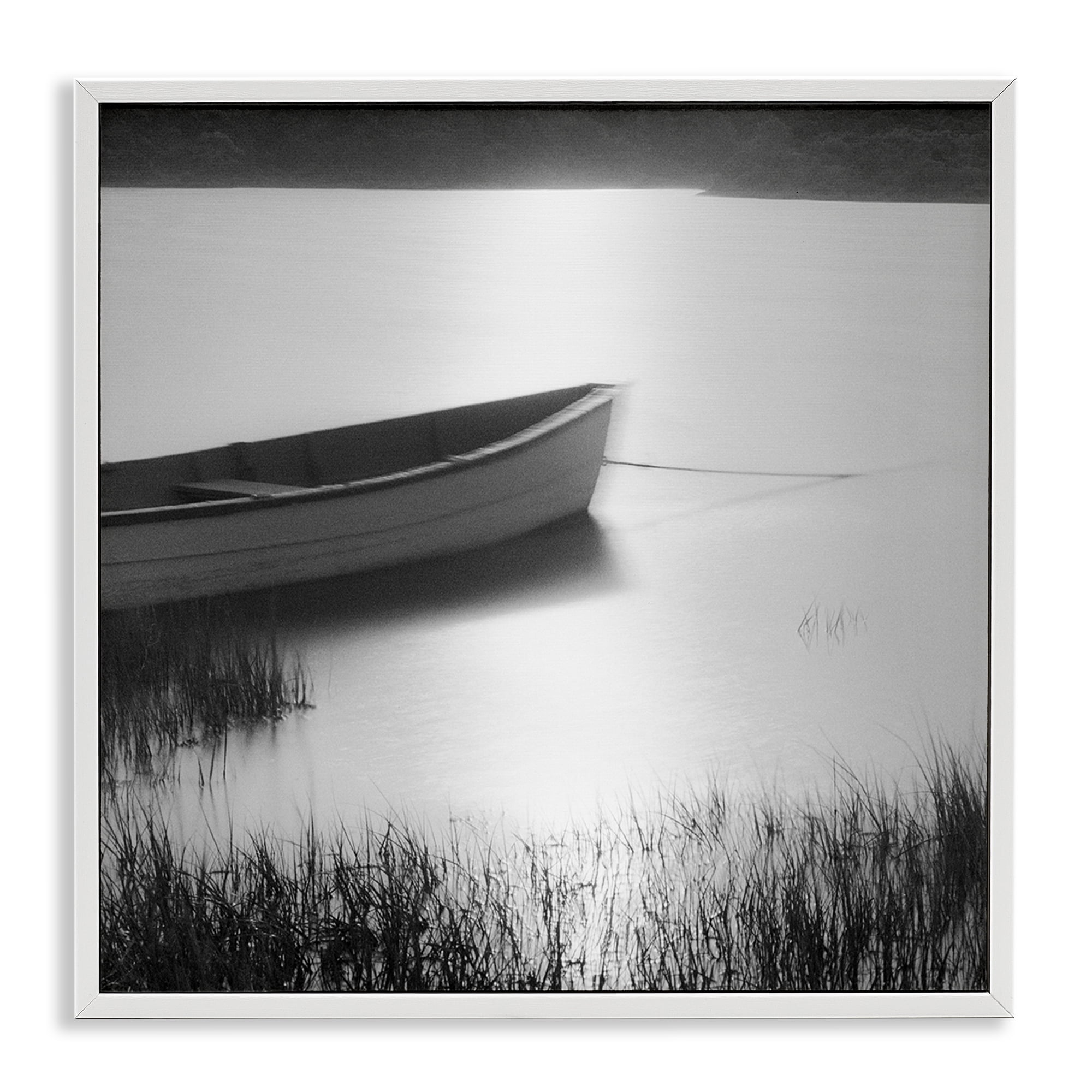 Stupell Industries Rowboat on Peaceful Shore Landscape & Nature Photography White Framed Art Print Wall Art, 12 x 12