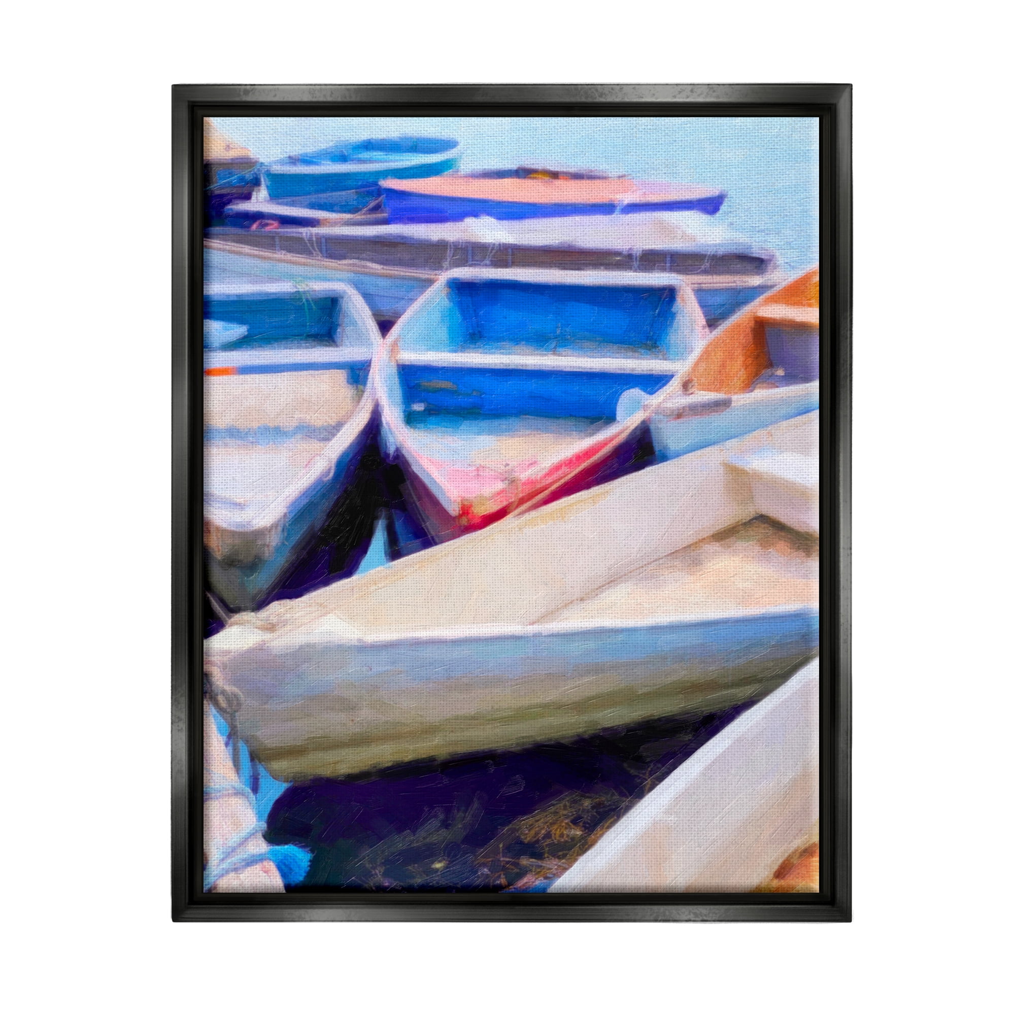 Stupell Industries Rowboats at Dock Painting Transportation Painting Black Floater Framed Art Print Wall Art, 25 x 31
