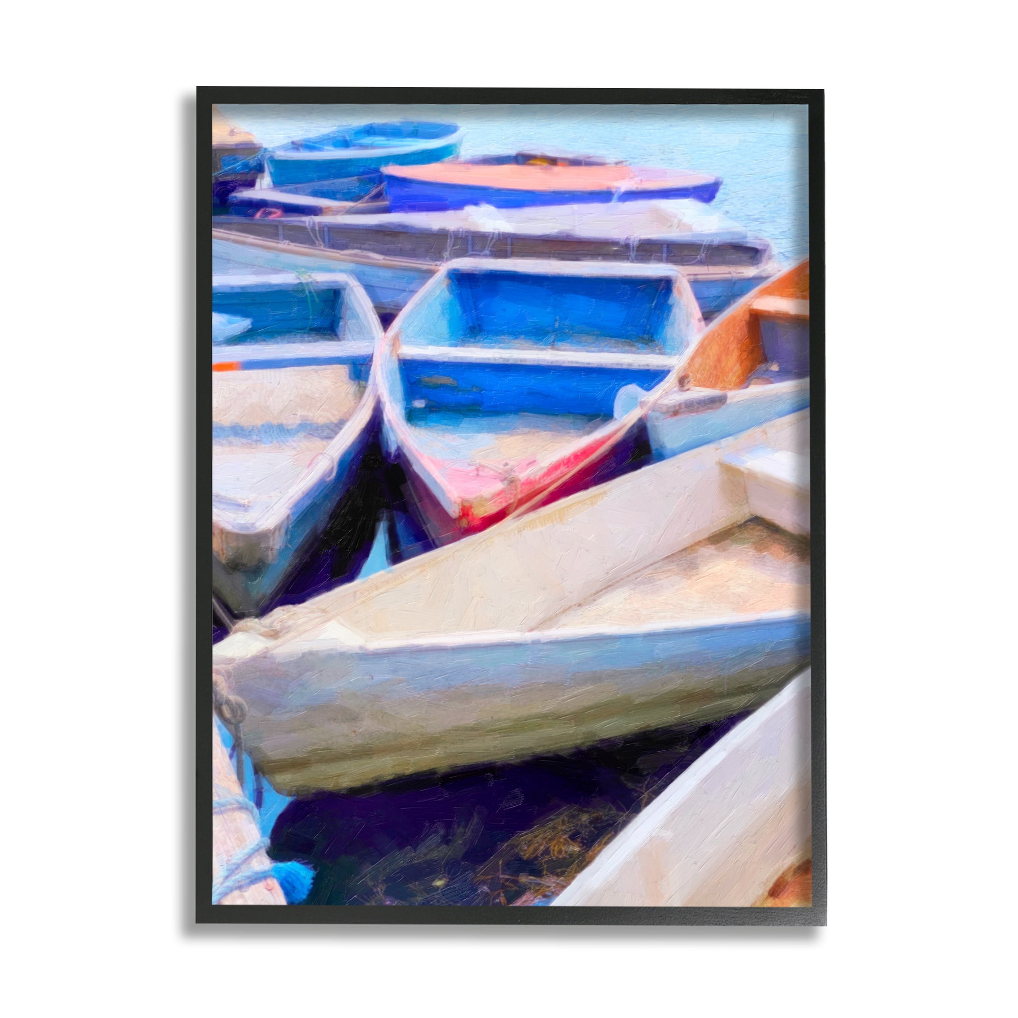 Stupell Industries Rowboats at Dock Painting Transportation Painting Black Framed Art Print Wall Art, 24 x 30