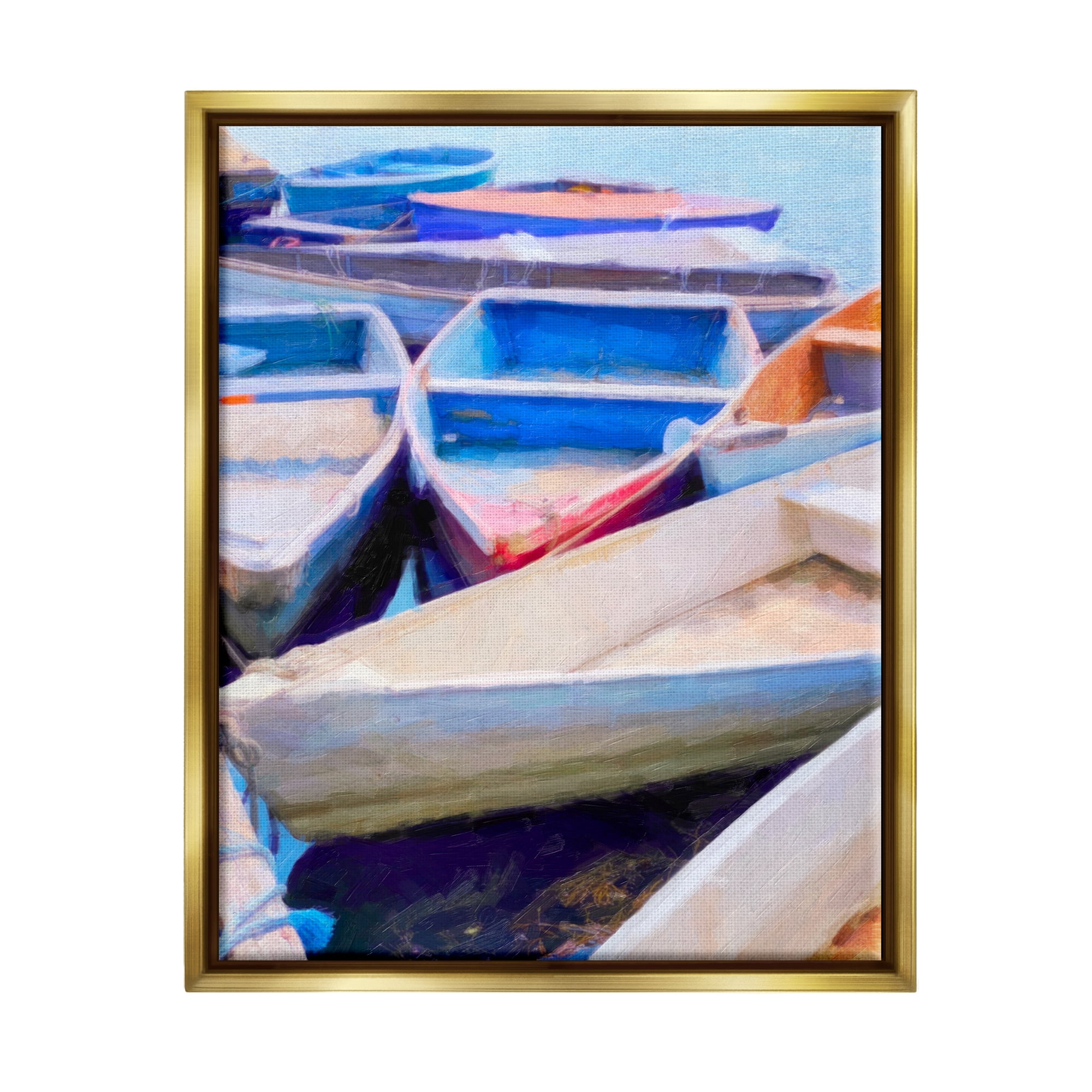 Stupell Industries Rowboats at Dock Painting Transportation Painting Gold Floater Framed Art Print Wall Art, 17 x 21