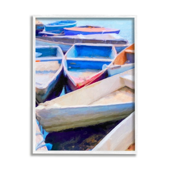 Stupell Industries Rowboats at Dock Painting Transportation Painting White Framed Art Print Wall Art, 24 x 30