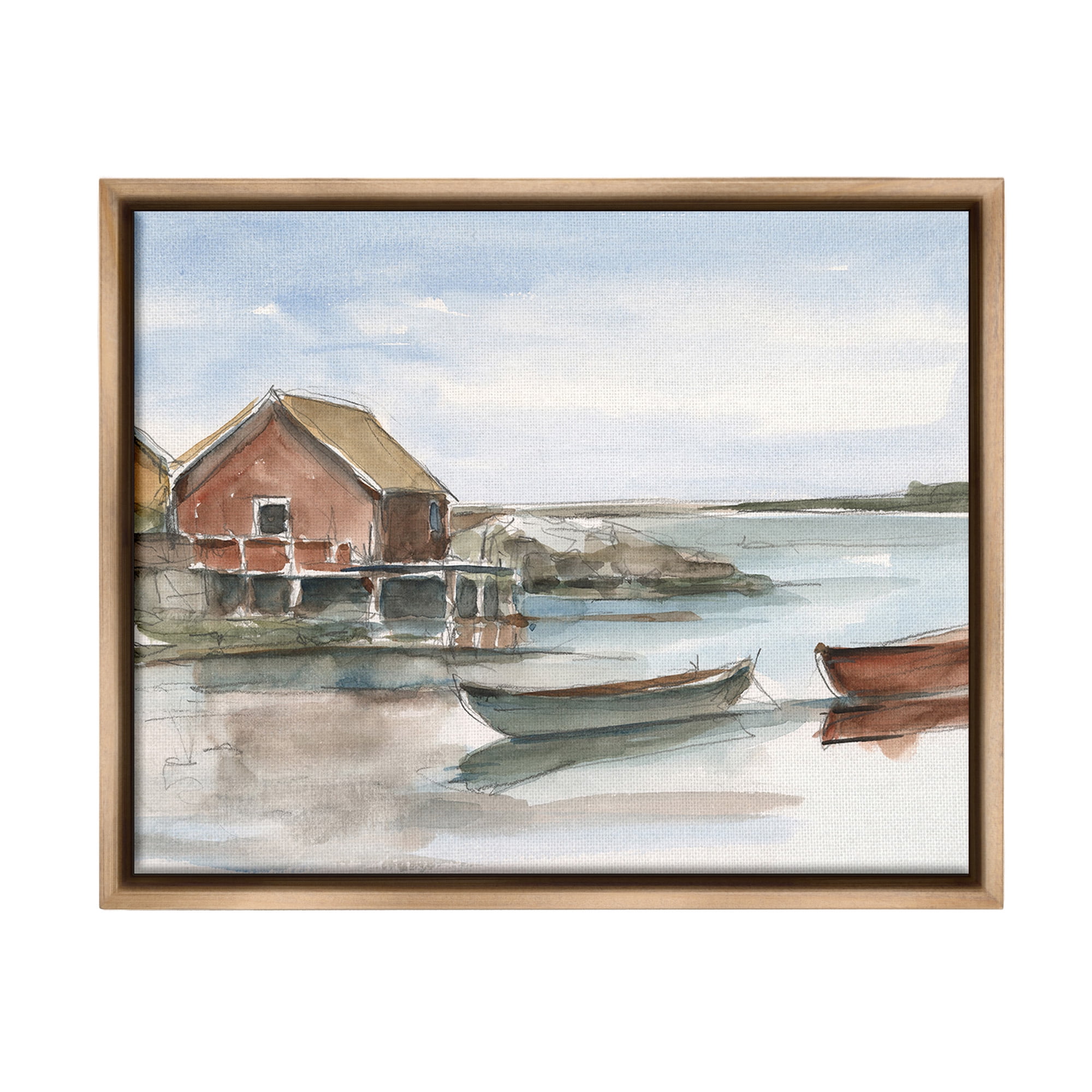Stupell Industries Rowboats on Shore Landscape Painting Brown Floater Framed Canvas Art Print Wall Art, 21 x 17