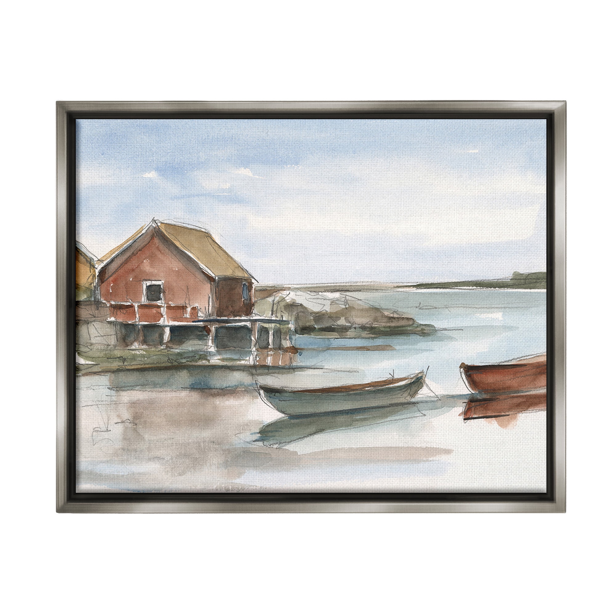Stupell Industries Rowboats on Shore Landscape Painting Gray Floater Framed Canvas Art Print Wall Art, 21 x 17
