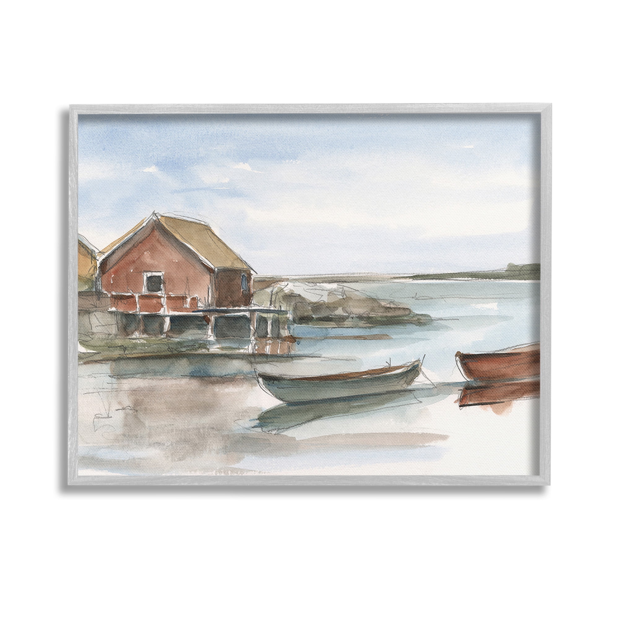 Stupell Industries Rowboats on Shore Landscape Painting Gray Framed Art Print Wall Art, 14 x 11