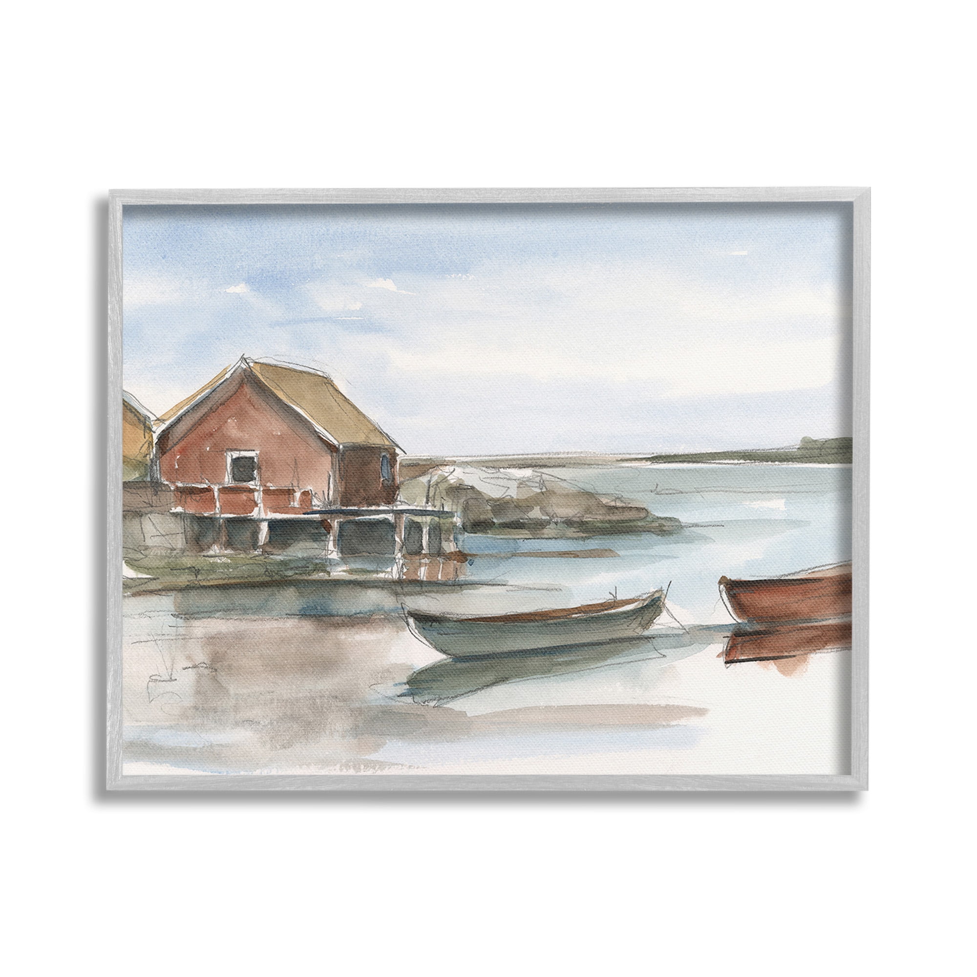 Stupell Industries Rowboats on Shore Landscape Painting Gray Framed Art Print Wall Art, 30 x 24