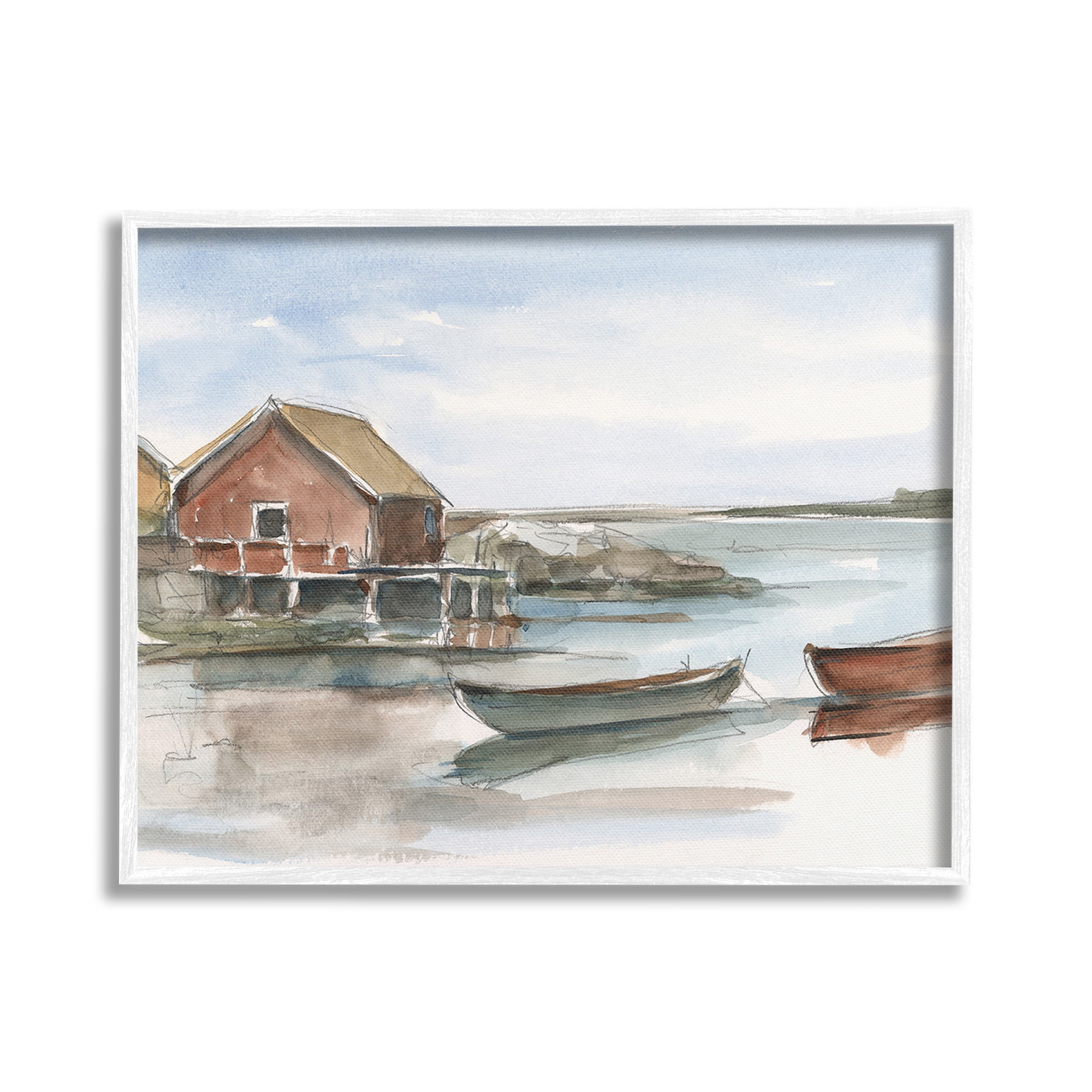 Stupell Industries Rowboats on Shore Landscape Painting White Framed Art Print Wall Art, 20 x 16