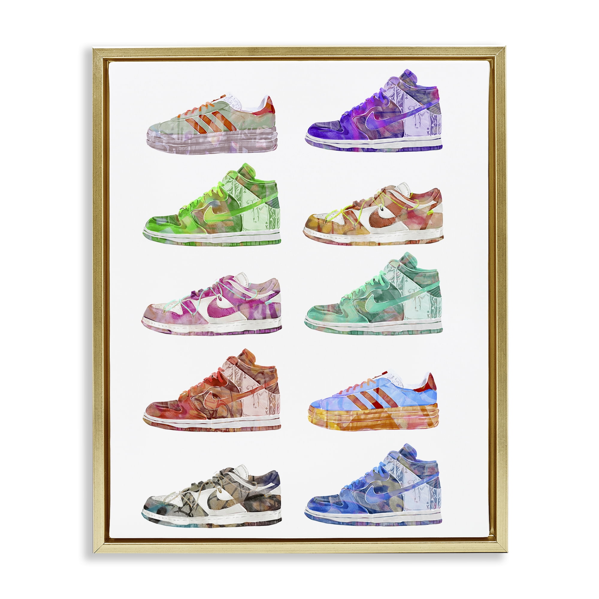 Stupell Industries Rows of Chic Sneakers Fashion Painting Gold Floater Framed Canvas Art Print Wall Art, 25 x 31