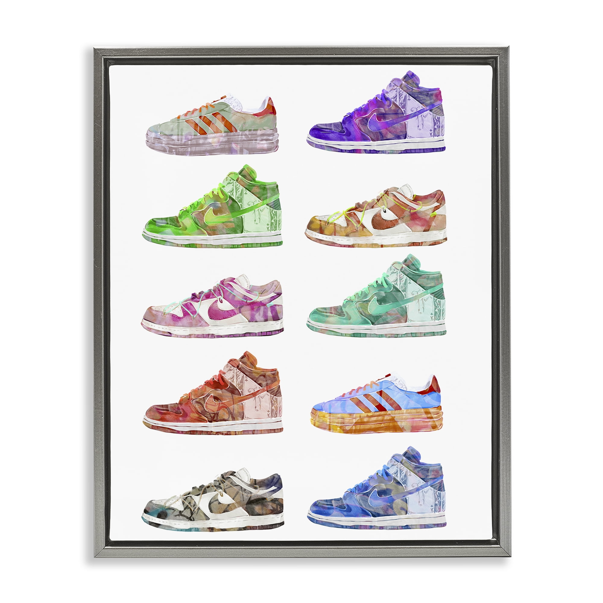 Stupell Industries Rows of Chic Sneakers Fashion Painting Gray Floater Framed Canvas Art Print Wall Art, 25 x 31