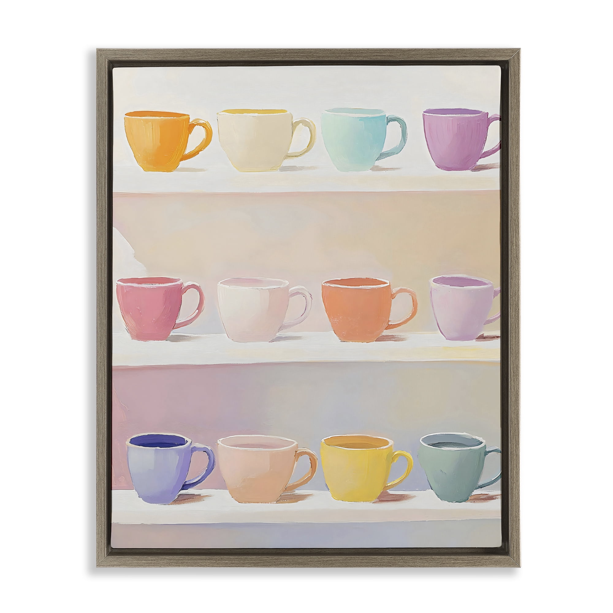 Stupell Industries Rows of Pastel Teacups Brown Framed Floater Canvas Wall Art, design by The Prints Vibe