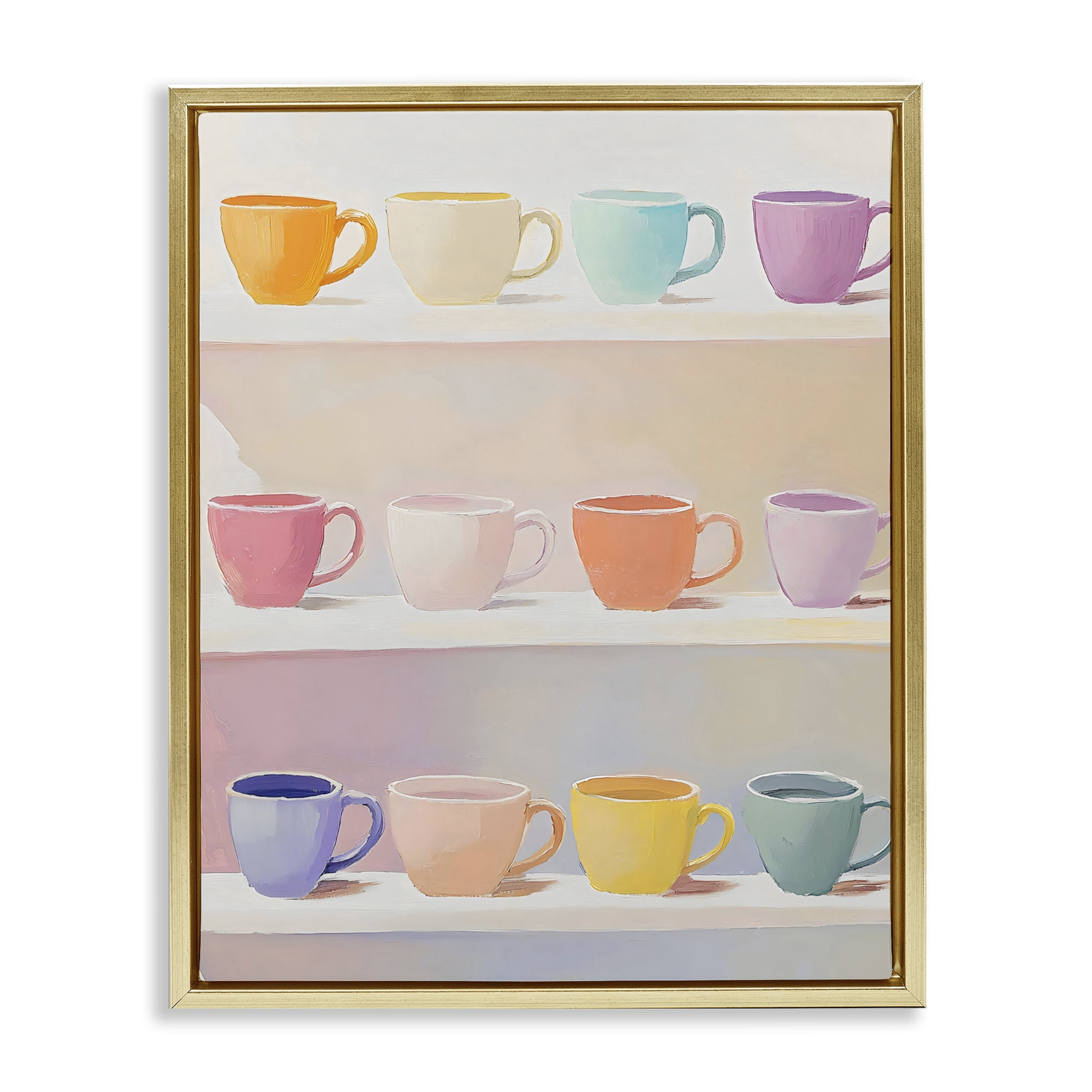 Stupell Industries Rows of Pastel Teacups Gold Framed Floater Canvas Wall Art, design by The Prints Vibe