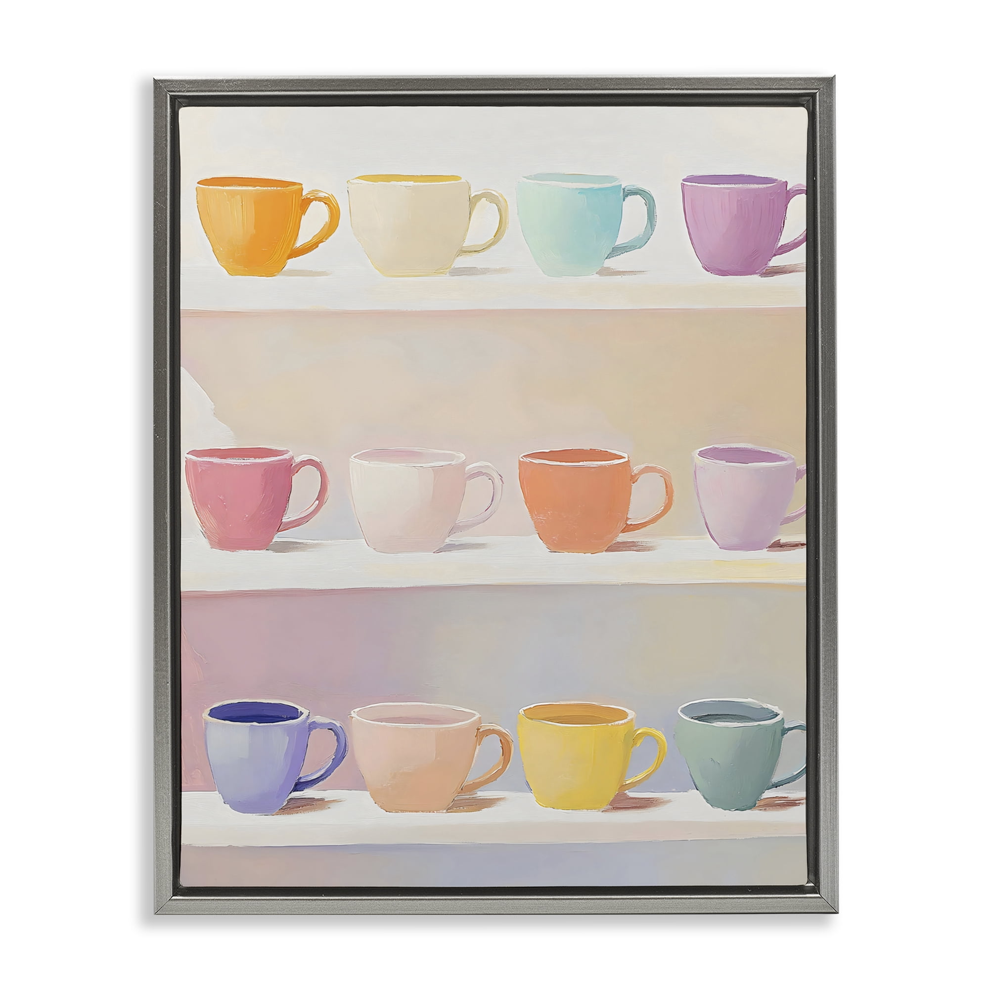 Stupell Industries Rows of Pastel Teacups Gray Framed Floater Canvas Wall Art, design by The Prints Vibe