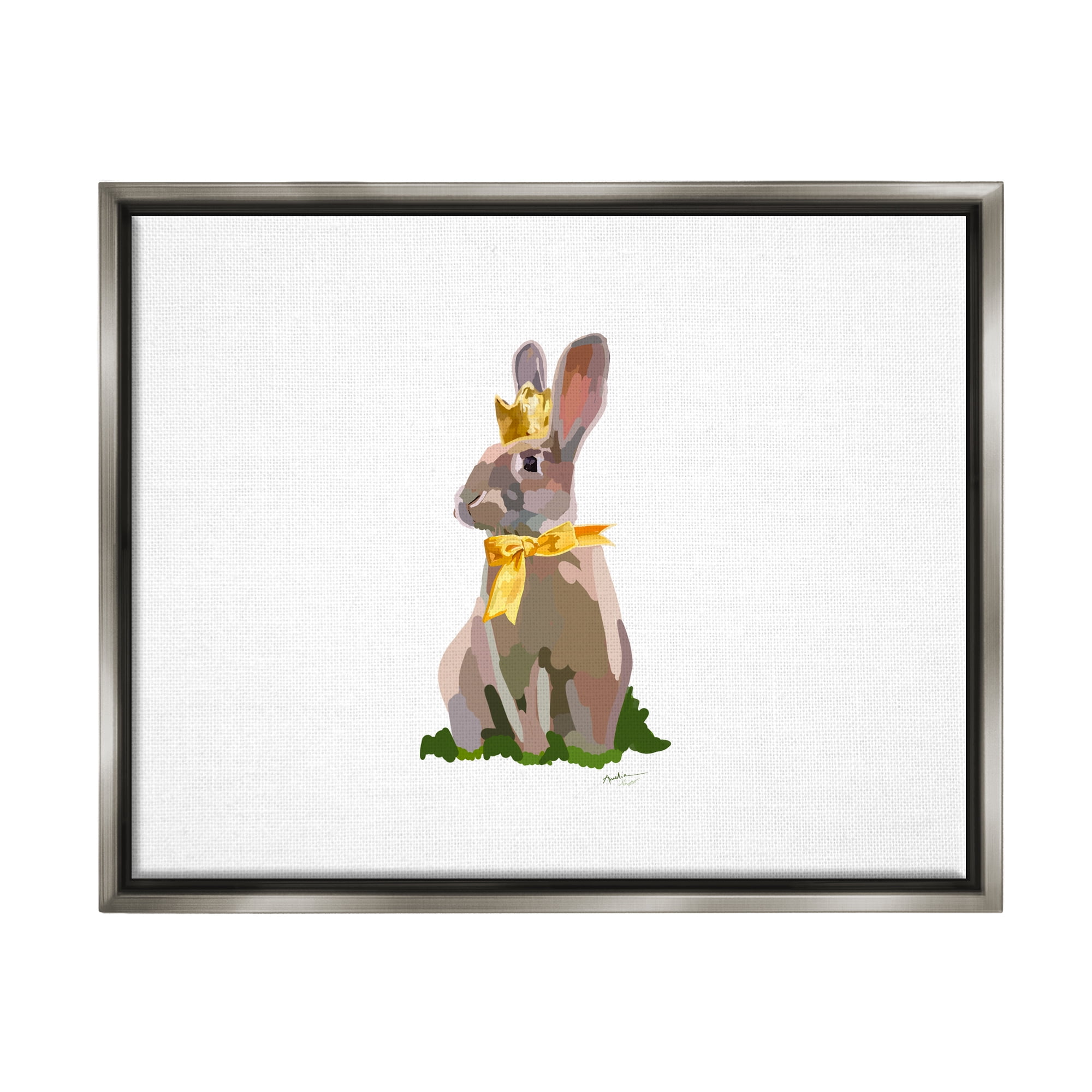 Stupell Industries Royal Bunny with Crown Animals & Insects Painting Gray Floater Framed Canvas Art Print Wall Art, 21 x 17