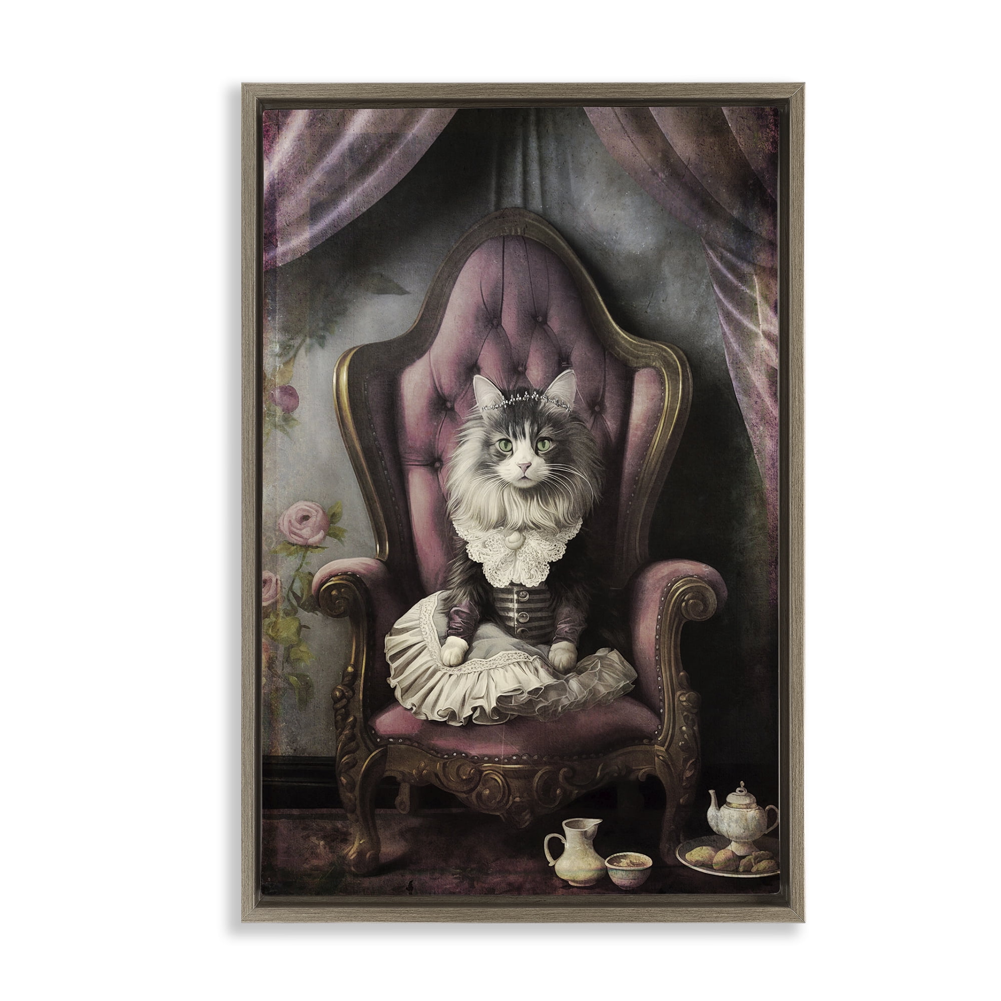 Stupell Industries Royal Cat & Tea Novelty Painting Brown Floater Framed Canvas Art Print Wall Art, 17 x 25