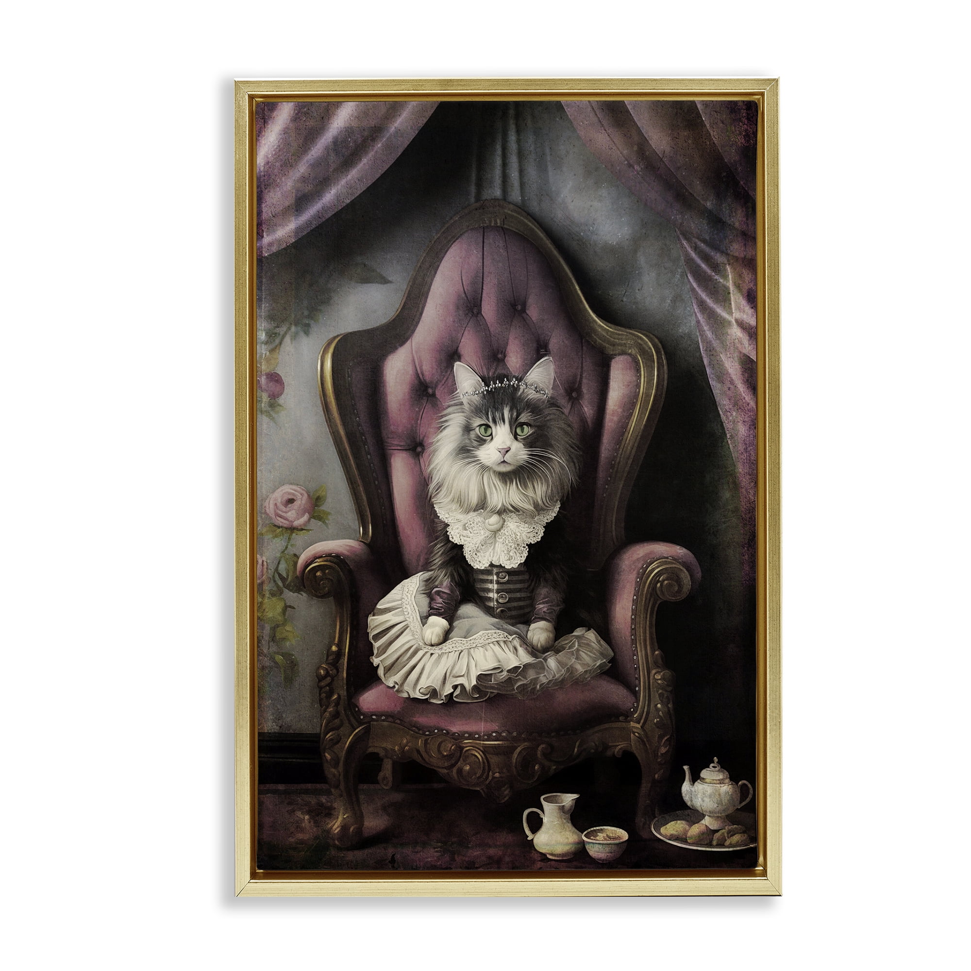 Stupell Industries Royal Cat & Tea Novelty Painting Gold Floater Framed Canvas Art Print Wall Art, 17 x 25