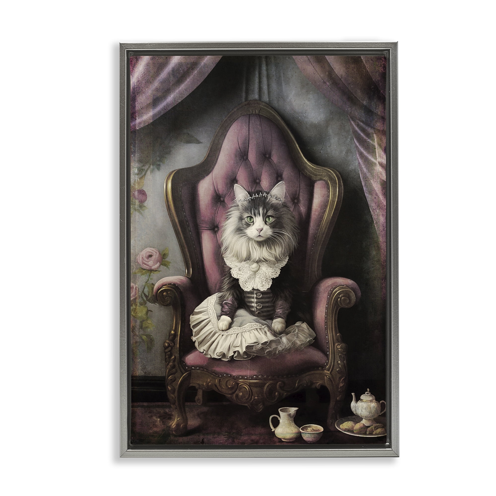 Stupell Industries Royal Cat & Tea Novelty Painting Gray Floater Framed Canvas Art Print Wall Art, 21 x 31