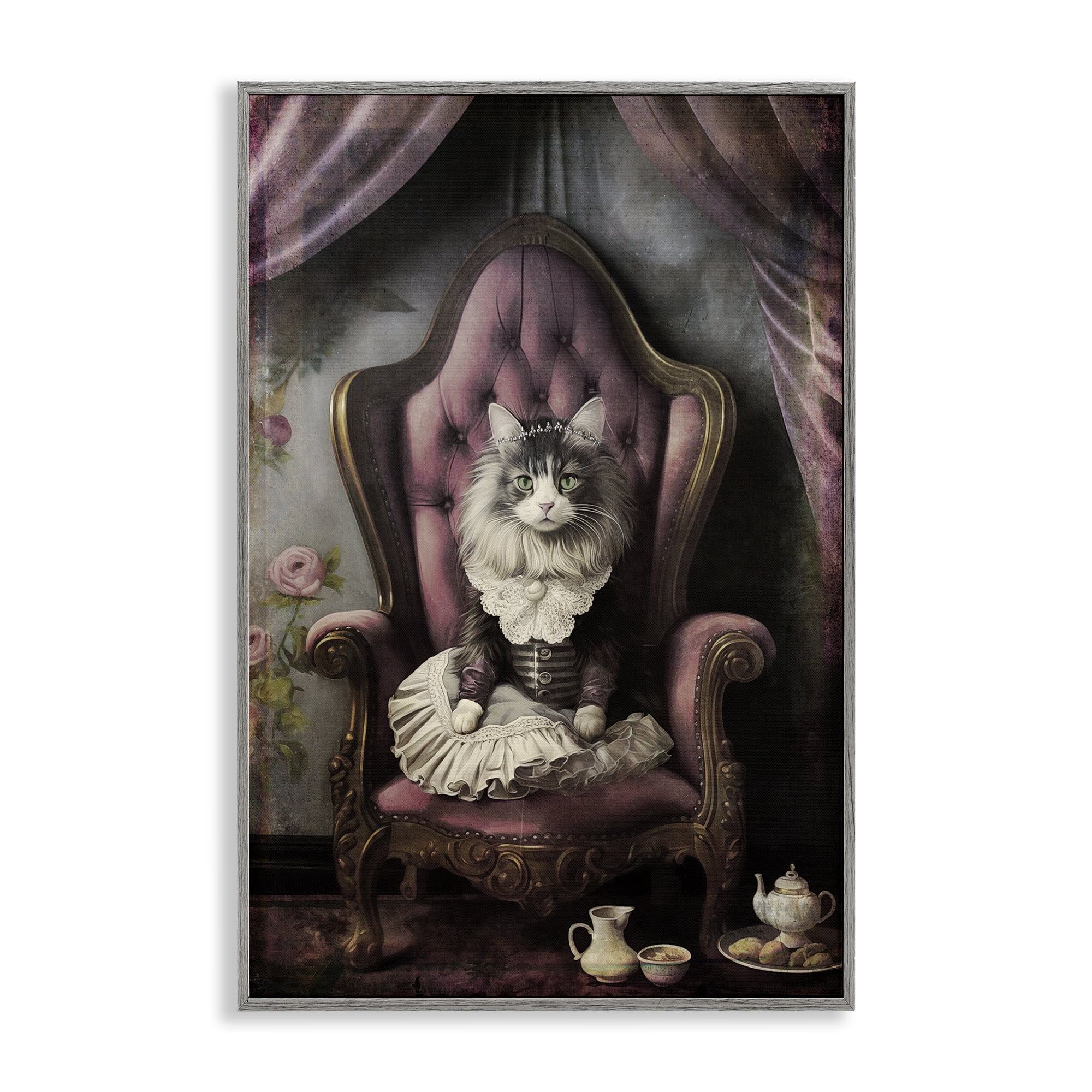 Stupell Industries Royal Cat & Tea Novelty Painting Gray Framed Art Print Wall Art, 12 x 18
