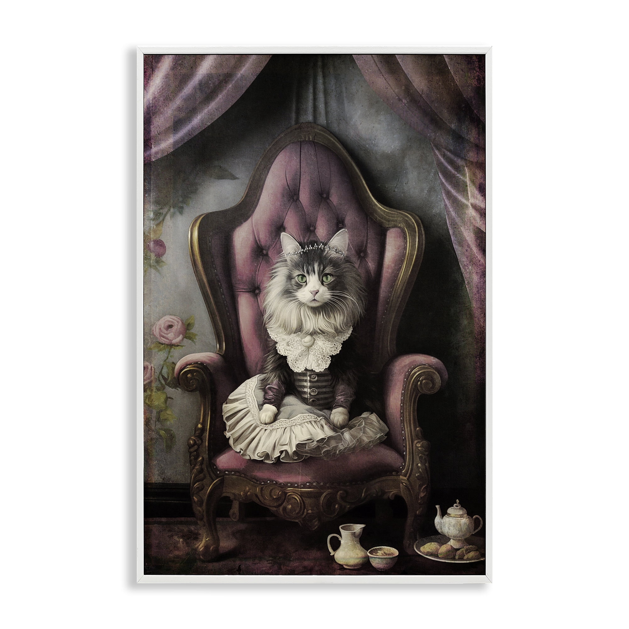 Stupell Industries Royal Cat & Tea Novelty Painting White Framed Art Print Wall Art, 20 x 30