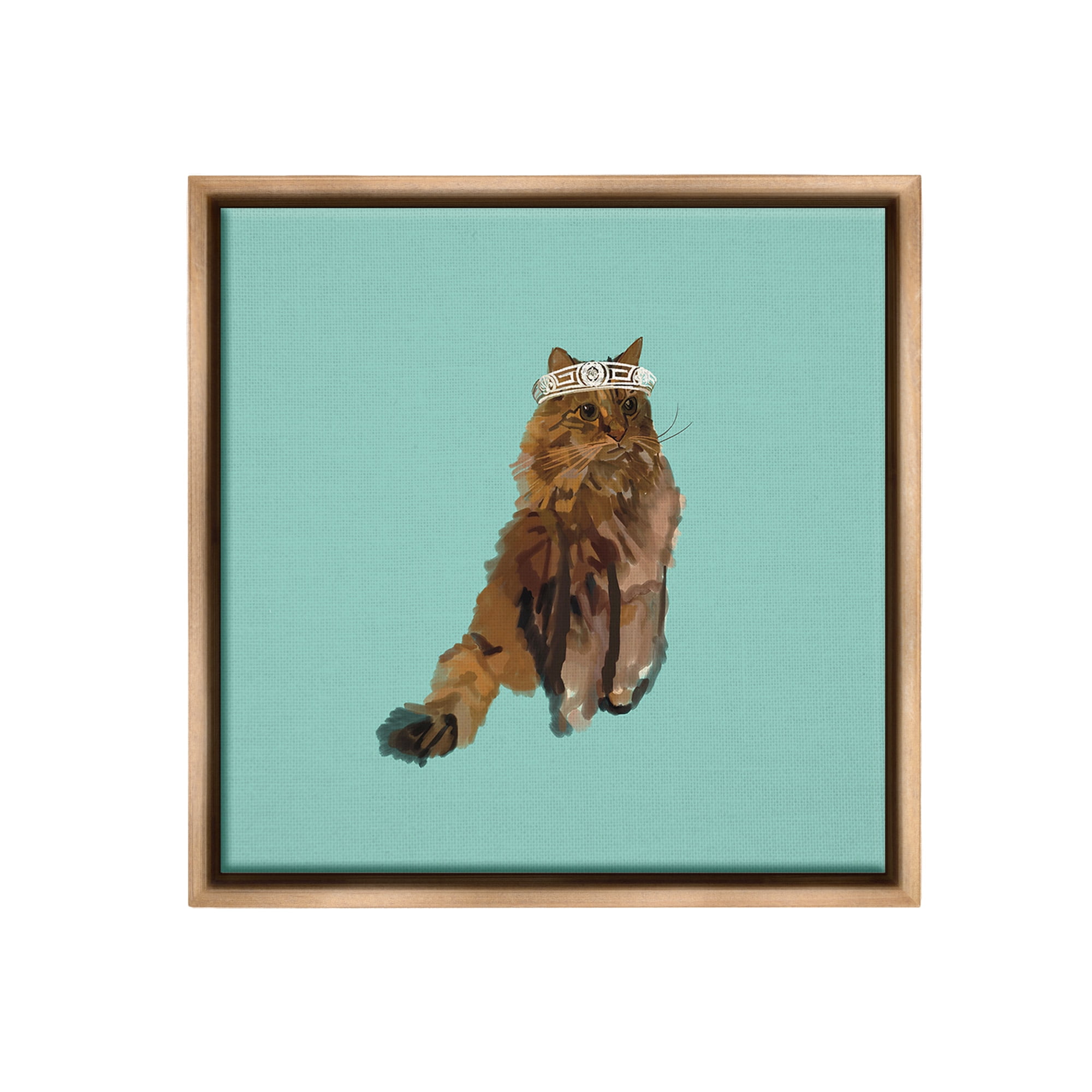Stupell Industries Royal Cat in Crown Animals & Insects Painting Brown Floater Framed Canvas Art Print Wall Art, 18 x 18