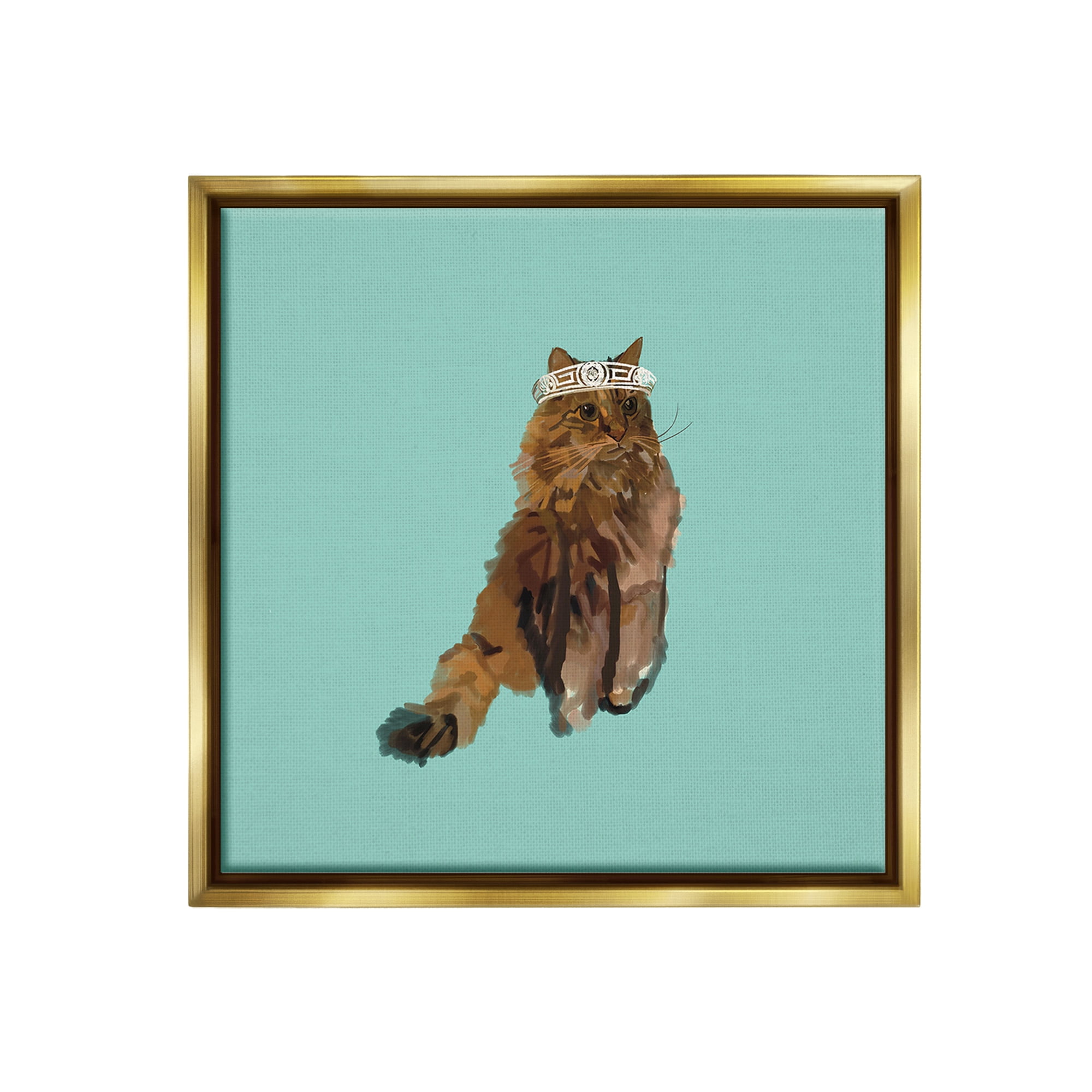 Stupell Industries Royal Cat in Crown Animals & Insects Painting Gold Floater Framed Canvas Art Print Wall Art, 25 x 25