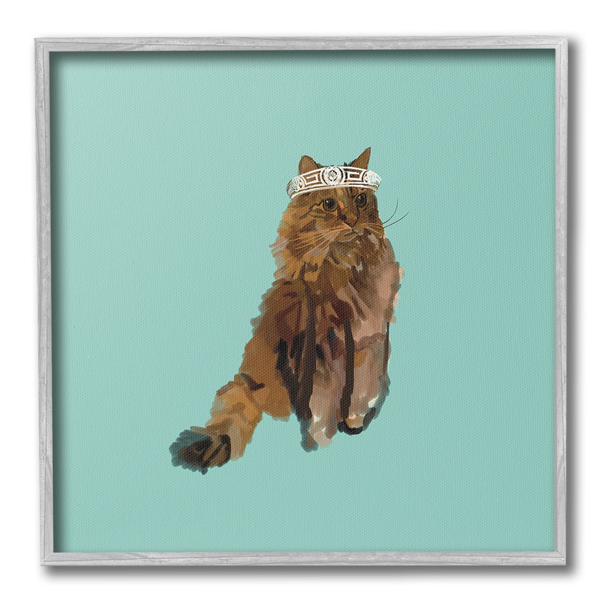 Stupell Industries Royal Cat in Crown Animals & Insects Painting Gray Framed Art Print Wall Art, 24 x 24