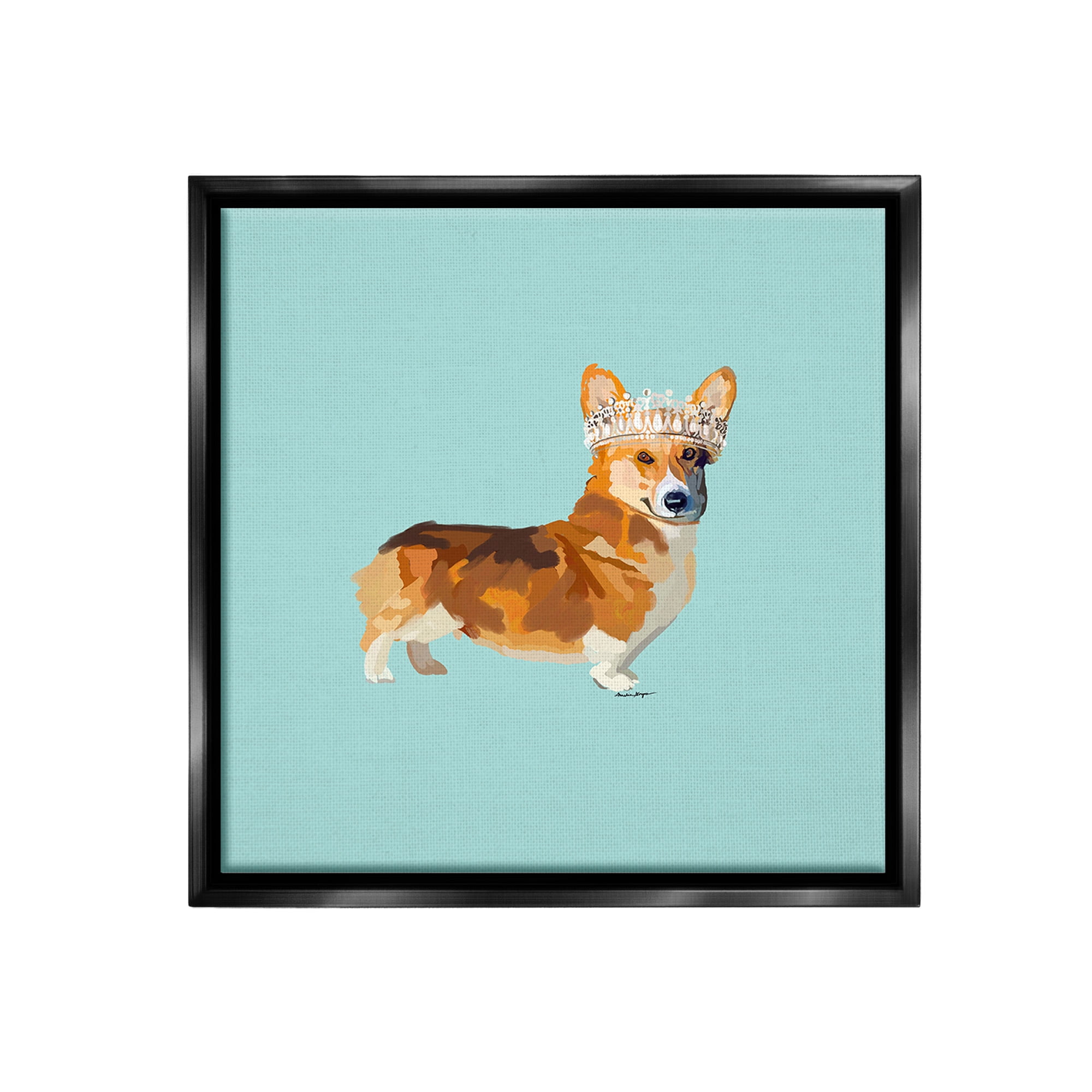 Stupell Industries Royal Corgi with Crown Animals & Insects Painting Black Floater Framed Canvas Art Print Wall Art, 18 x 18