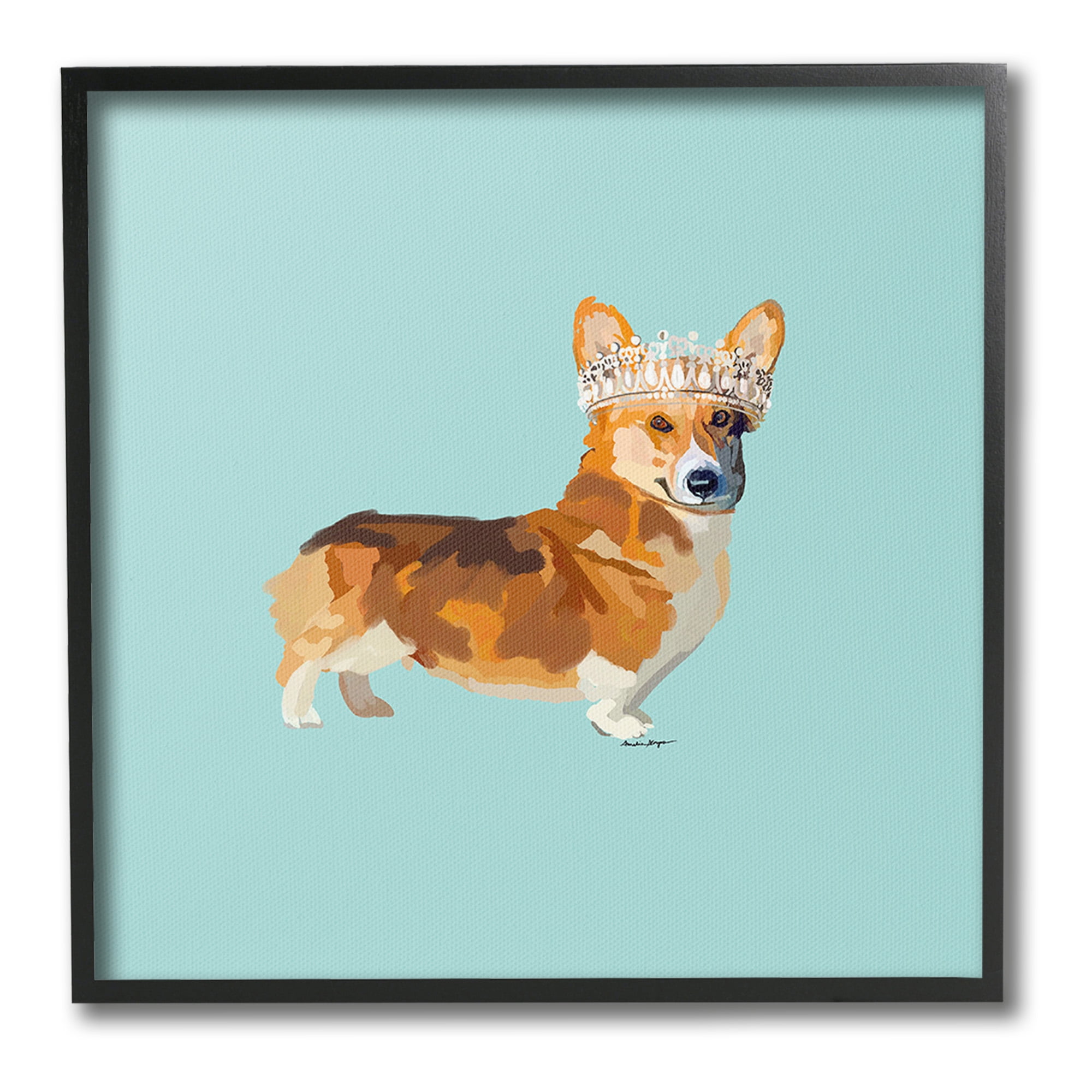 Stupell Industries Royal Corgi with Crown Animals & Insects Painting Black Framed Art Print Wall Art, 24 x 24