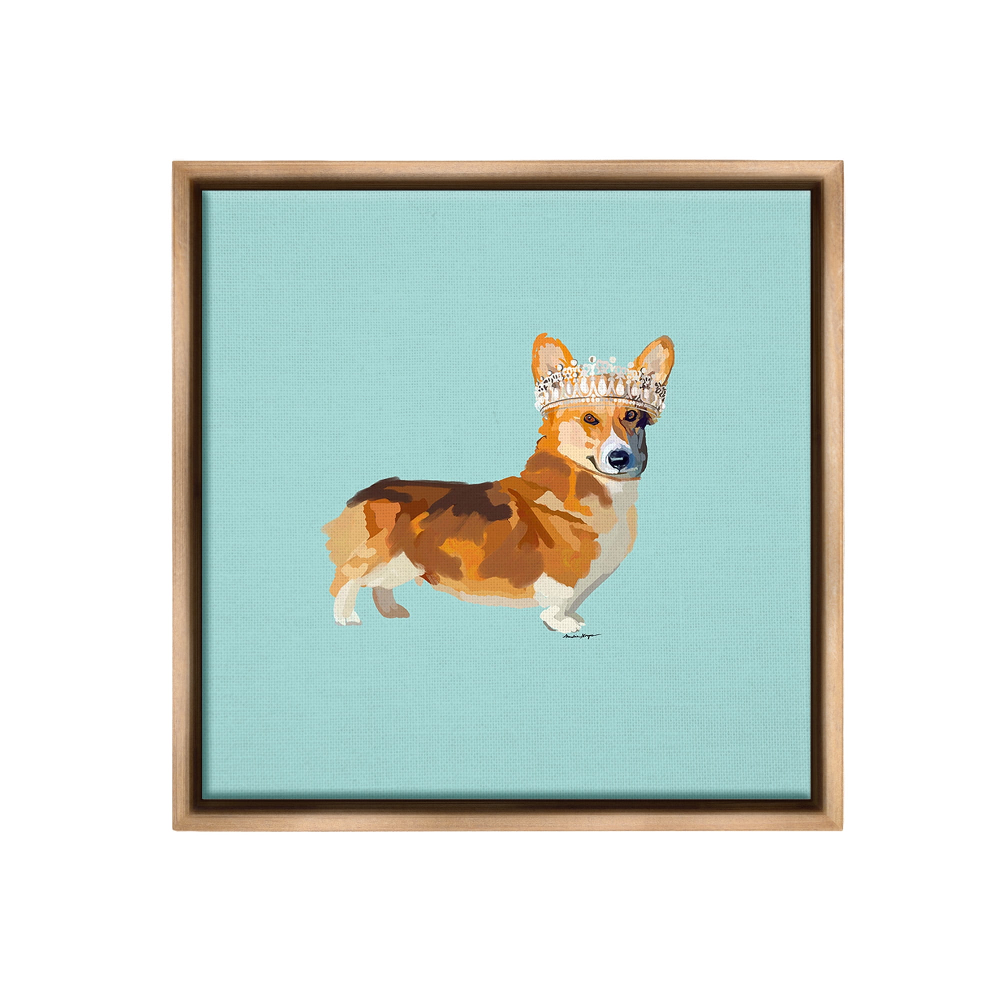 Stupell Industries Royal Corgi with Crown Animals & Insects Painting Brown Floater Framed Canvas Art Print Wall Art, 18 x 18