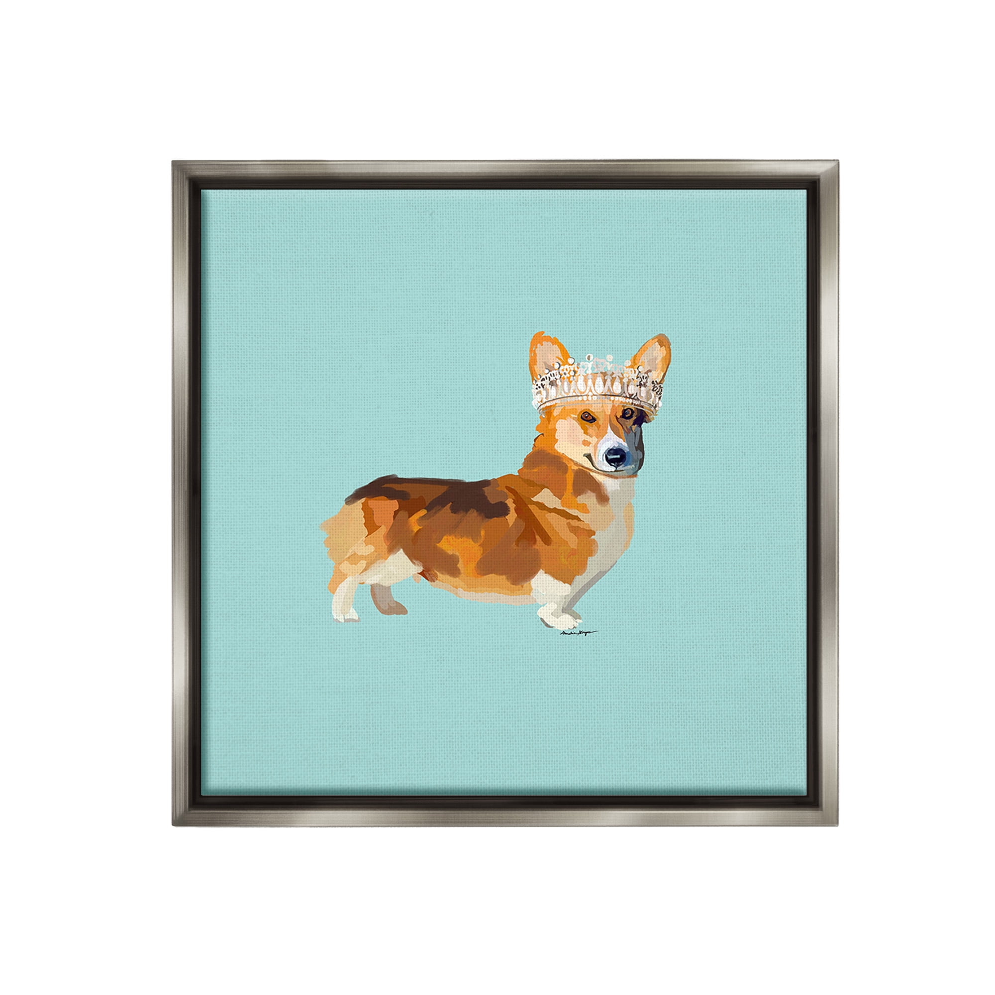 Stupell Industries Royal Corgi with Crown Animals & Insects Painting Gray Floater Framed Canvas Art Print Wall Art, 25 x 25