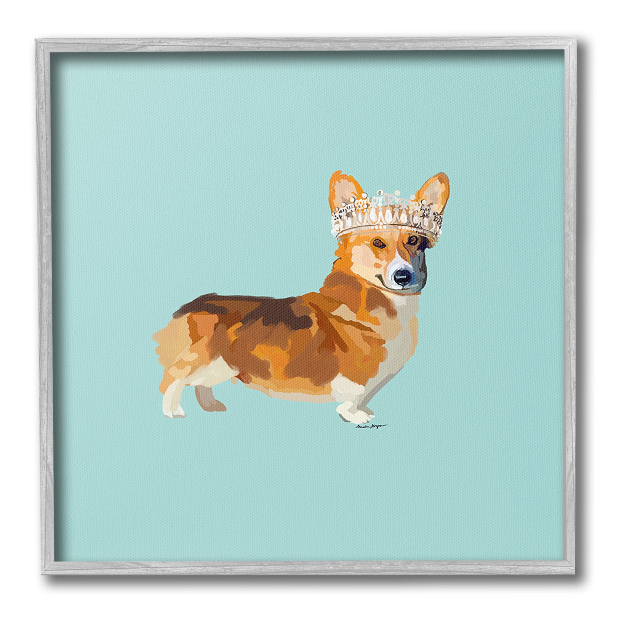 Stupell Industries Royal Corgi with Crown Animals & Insects Painting Gray Framed Art Print Wall Art, 12 x 12
