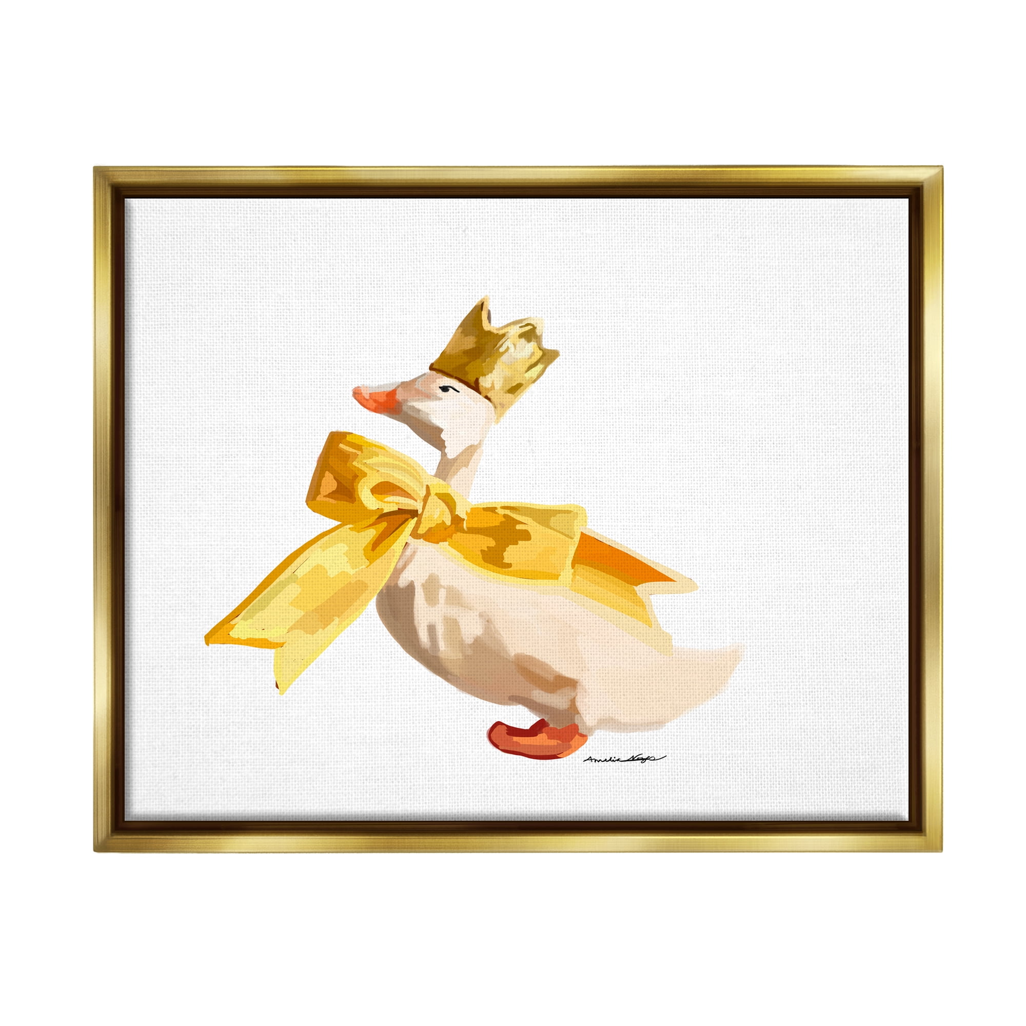 Stupell Industries Royal Duck with Bow Animals & Insects Painting Gold Floater Framed Canvas Art Print Wall Art, 31 x 25