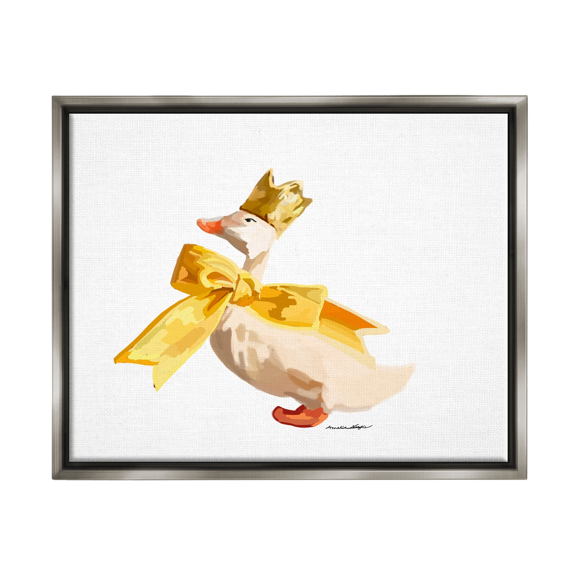 Stupell Industries Royal Duck with Bow Animals & Insects Painting Gray Floater Framed Canvas Art Print Wall Art, 31 x 25