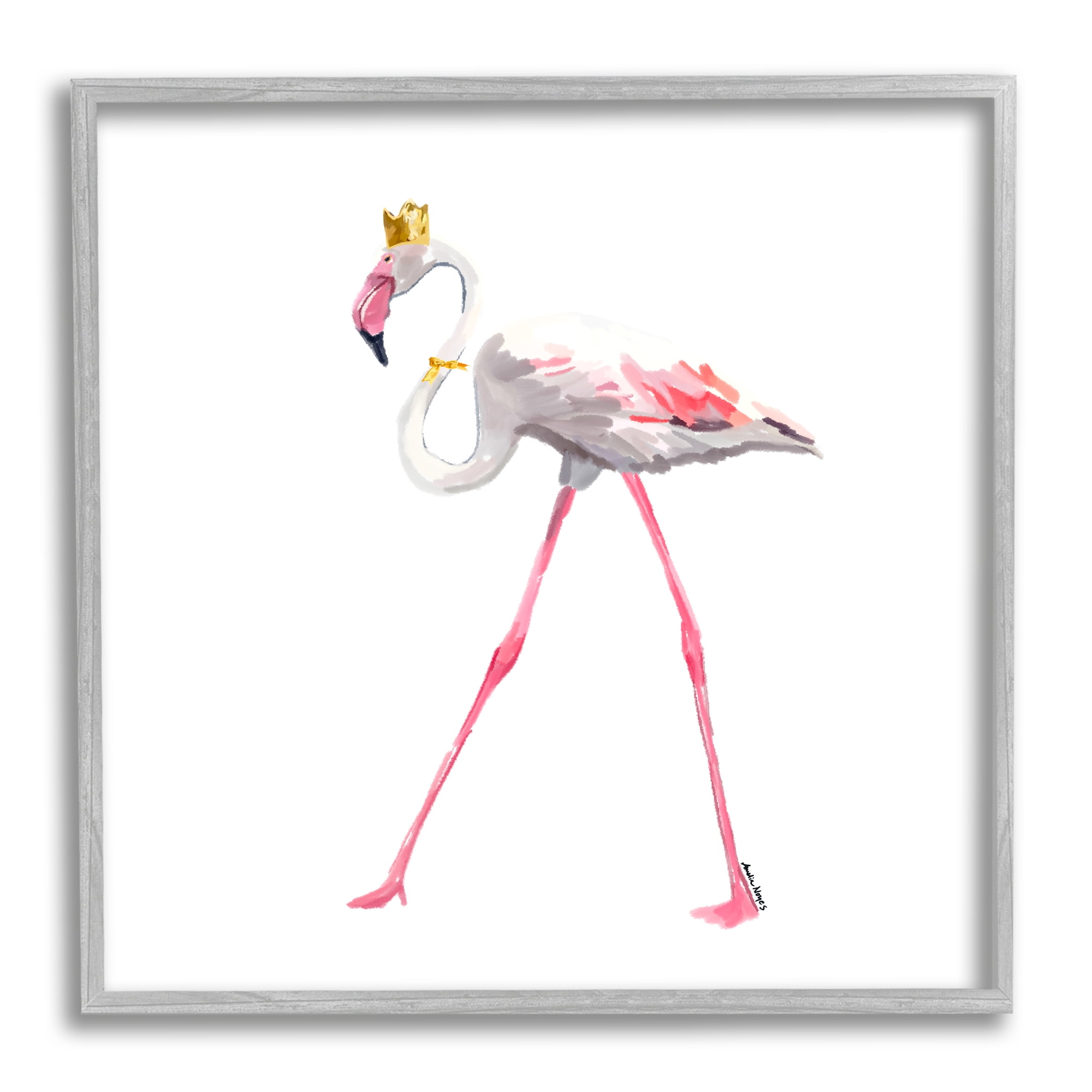 Stupell Industries Royal Flamingo with Crown Animals & Insects Painting Gray Framed Art Print Wall Art, 17 x 17
