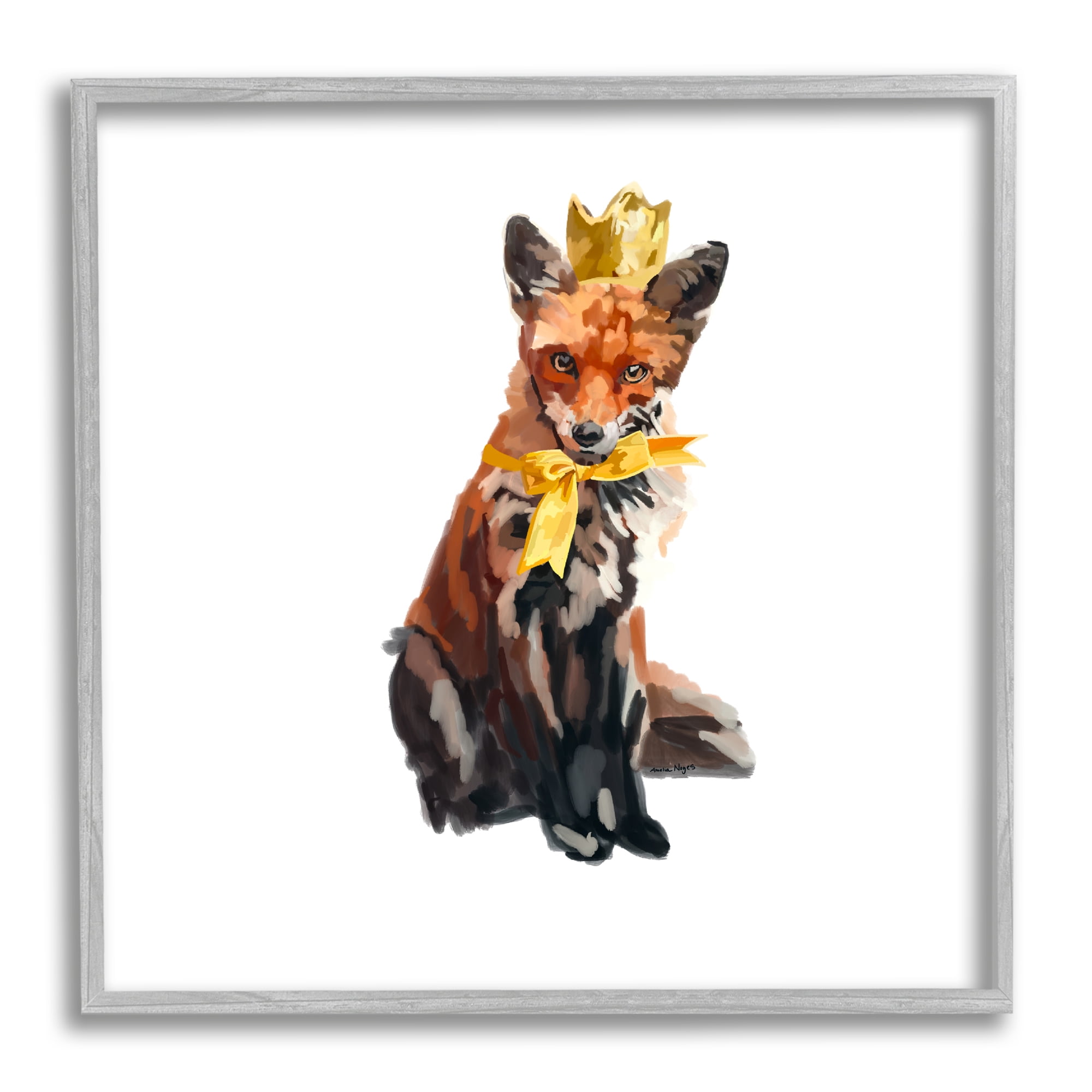 Stupell Industries Royal Fox with Crown Animals & Insects Painting Gray Framed Art Print Wall Art, 12 x 12