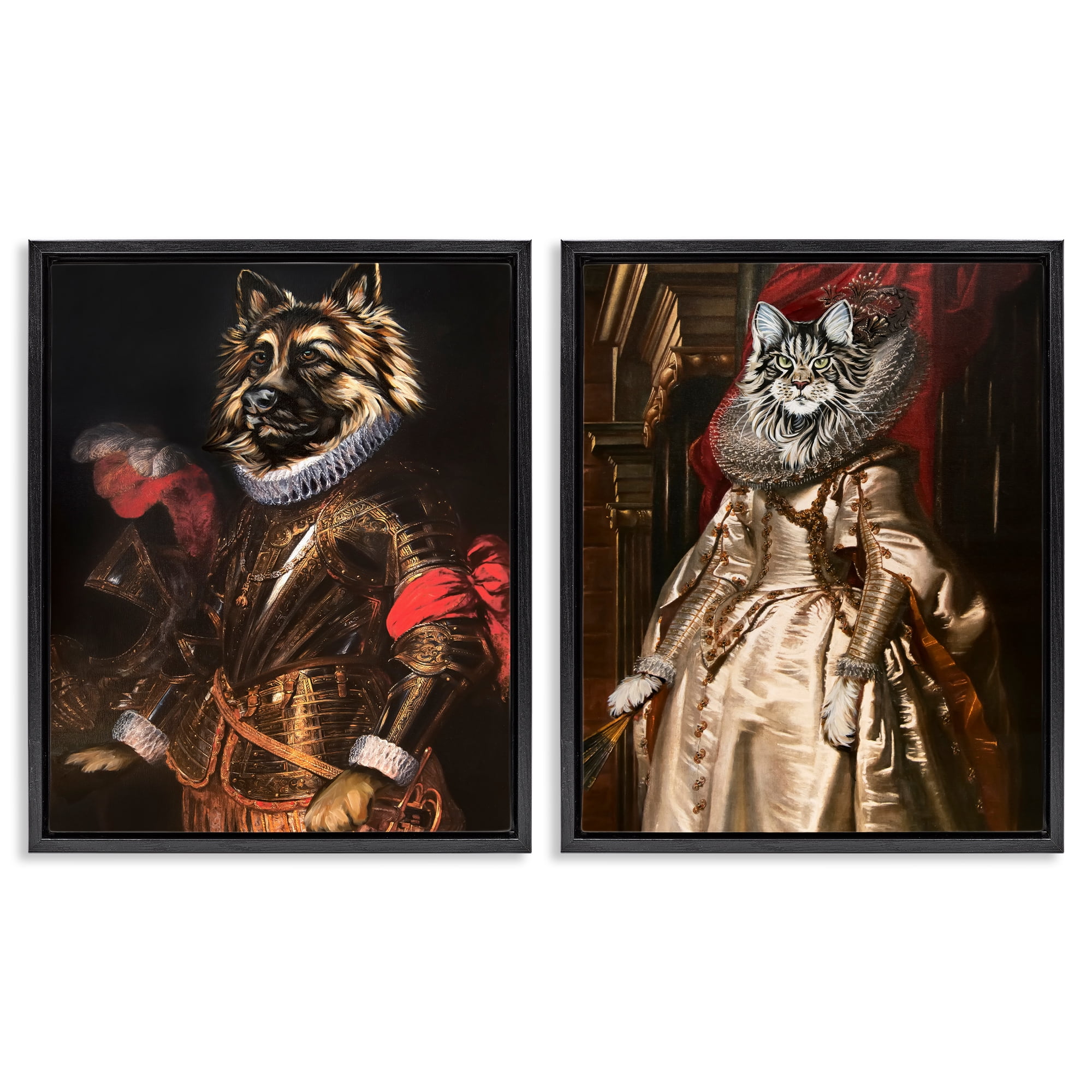 Stupell Industries Royal Garb Dog & Cat Novelty & Humor Painting Black Floater Framed Canvas Art Print Wall Art, 31 x 25, Set of 2