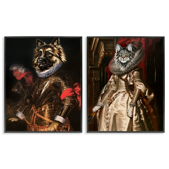 Stupell Industries Royal Garb Dog & Cat Novelty & Humor Painting Black Framed Art Print Wall Art, 11 x 14, Set of 2