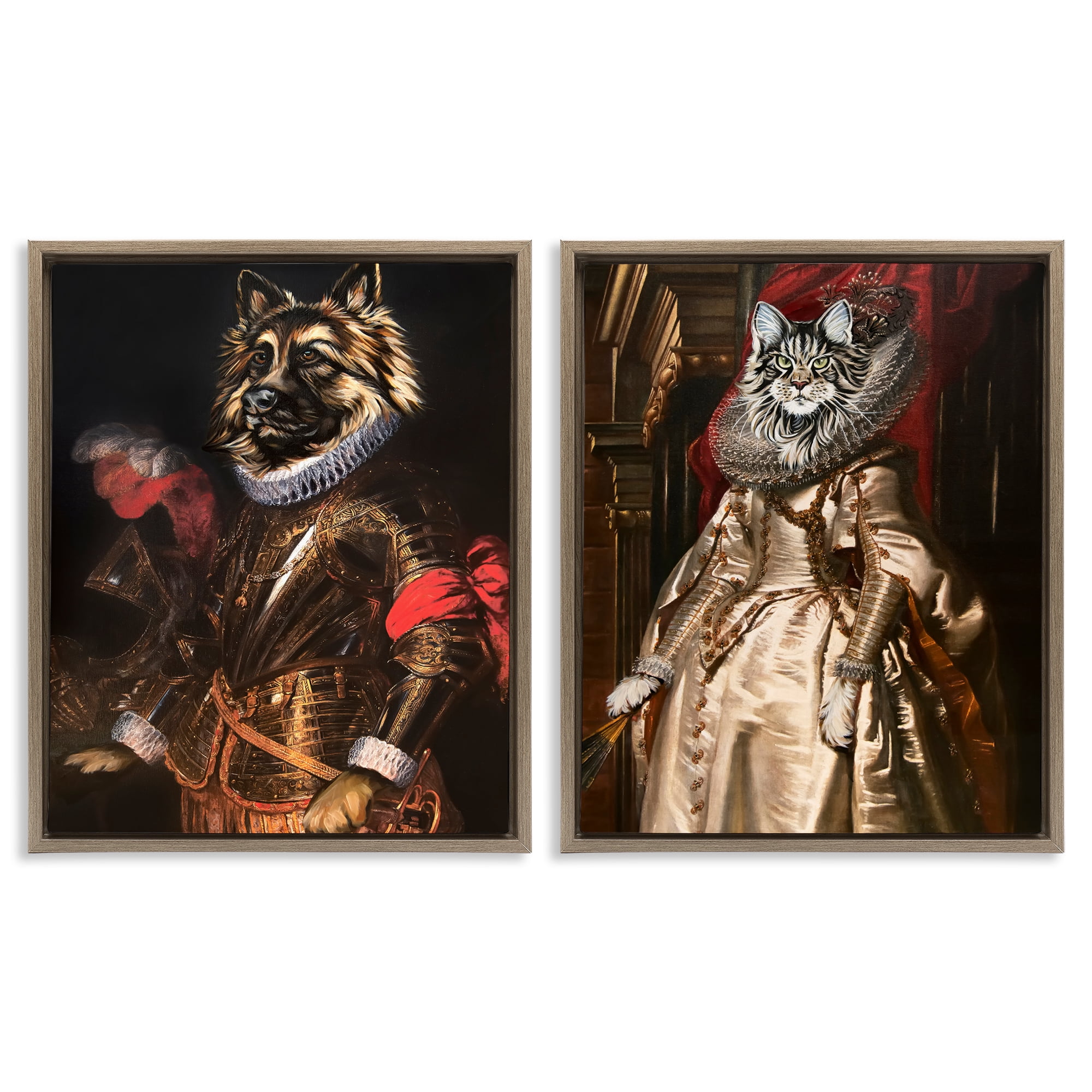 Stupell Industries Royal Garb Dog & Cat Novelty & Humor Painting Brown Floater Framed Canvas Art Print Wall Art, 17 x 21, Set of 2