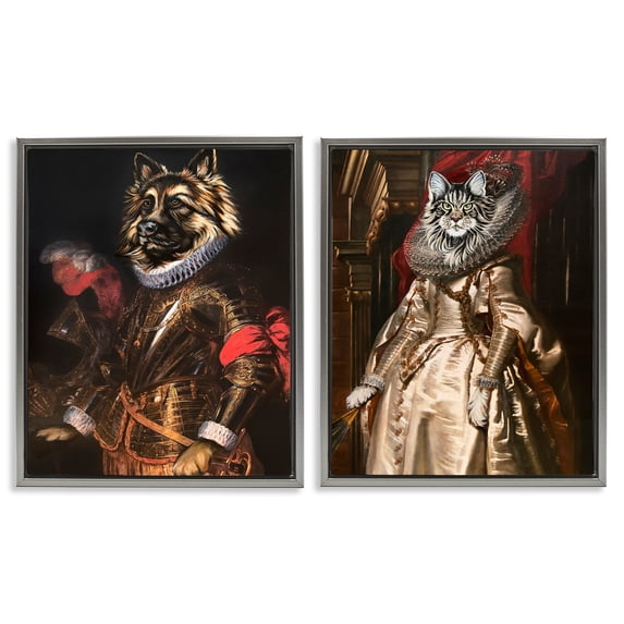 Stupell Industries Royal Garb Dog & Cat Novelty & Humor Painting Gray Floater Framed Canvas Art Print Wall Art, 31 x 25, Set of 2