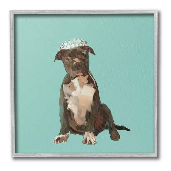 Stupell Industries Royal Pit Bull in Crown Animals & Insects Painting Gray Framed Art Print Wall Art, 17 x 17