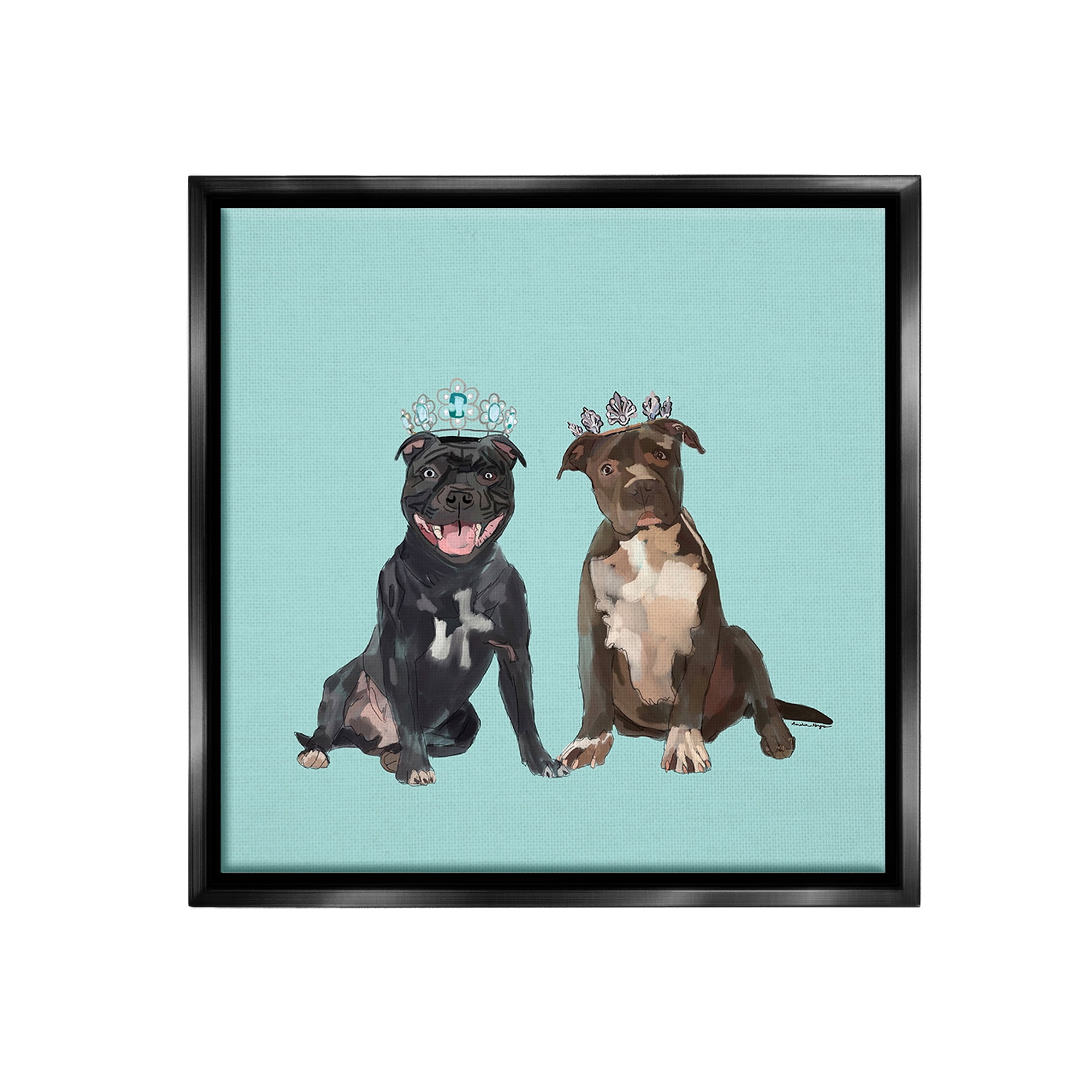 Stupell Industries Royal Pit Bulls with Crowns Animals & Insects Painting Black Floater Framed Canvas Art Print Wall Art, 18 x 18